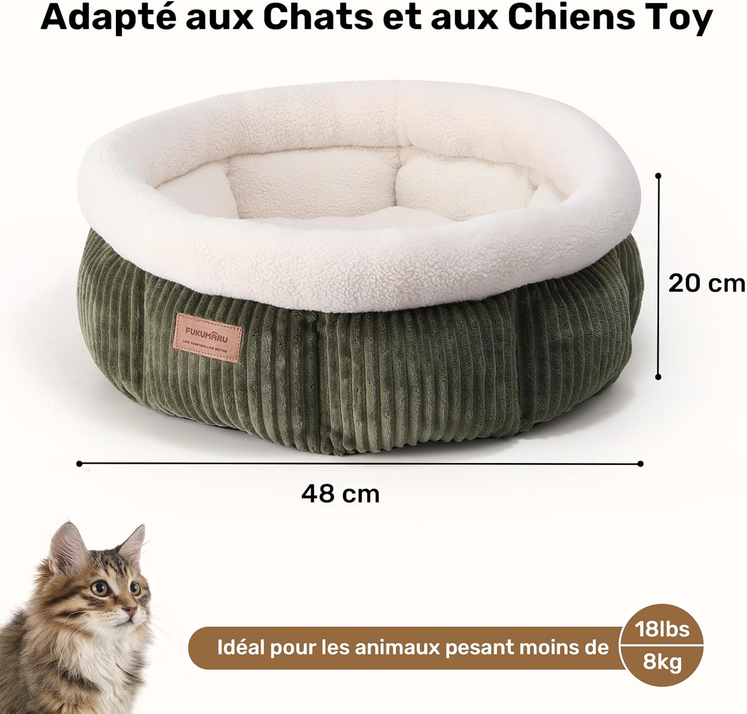 Thumbnail 4 de FUKUMARU Lit pour Chat rond en cordon d’intérieur, lit lavable doux et confortable (vert)