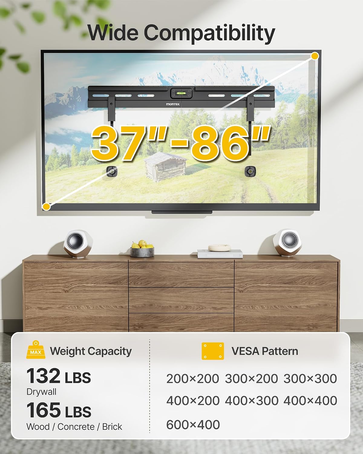 Detalle de monTEK No Stud TV Wall Mount for 37-86 Inch TVs (No Drill, Low Profile, Up to 165 lbs)