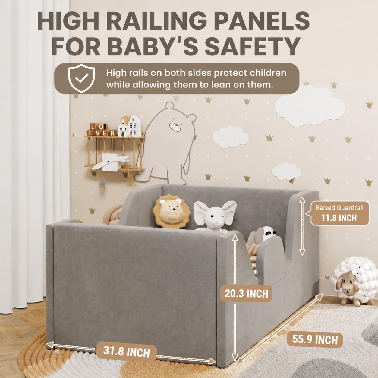 Thumbnail 1 de SOFTLYNICE Gray Toddler Floor Bed with Rails for a Standard Crib Mattress