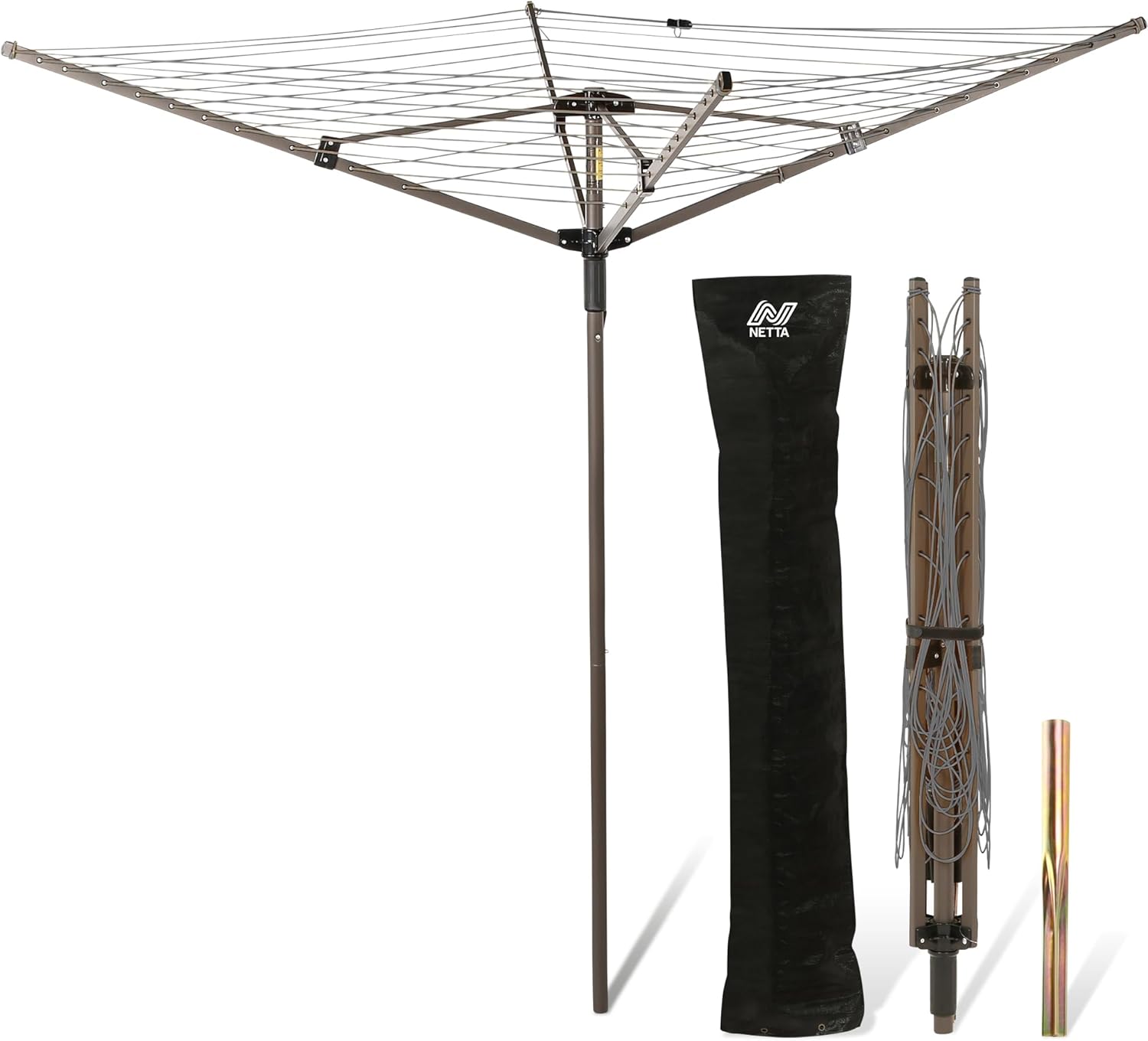 Detalle de NETTA Rotary Washing Line 4 Arm 45M (45m) – Heavy Duty Garden Rotary Airer with Cover & Ground Spike, Grey