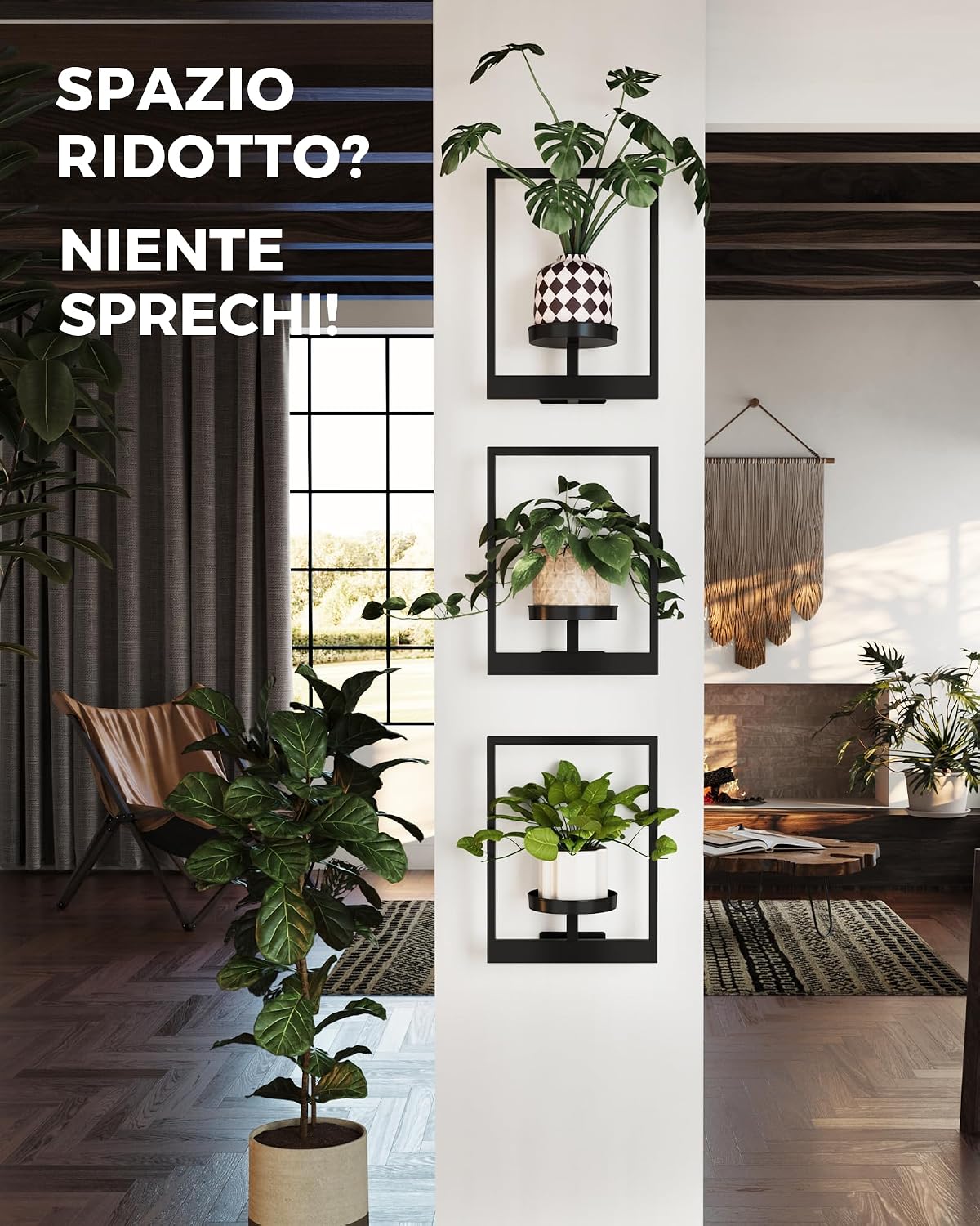 Detalle 2 de Bamworld Fioriere da appendere per piante da interno, confezione da 3 – design cornice e scaffali sospesi