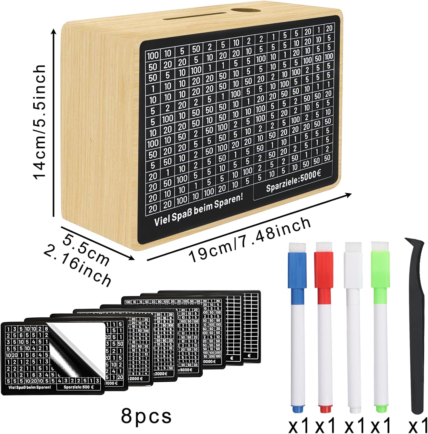 Detalle 2 de Outtshop Spardose Holz: Sparbox mit Zahlen-Ankreuzungen – 500 €, 1.000 €, 2.000 €, 3.000 €, 5.000 €, 10.000 €