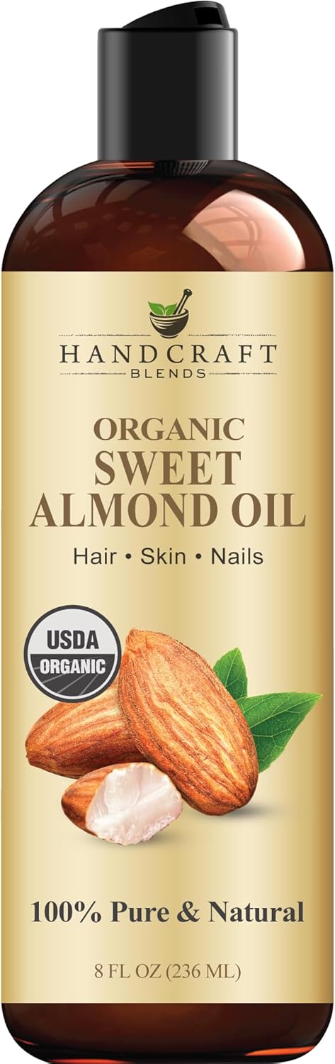 Handcraft Blends Organic Sweet Almond Oil (8 fl oz) — 100% Pure Carrier Oil for Skin, Hair & Massage