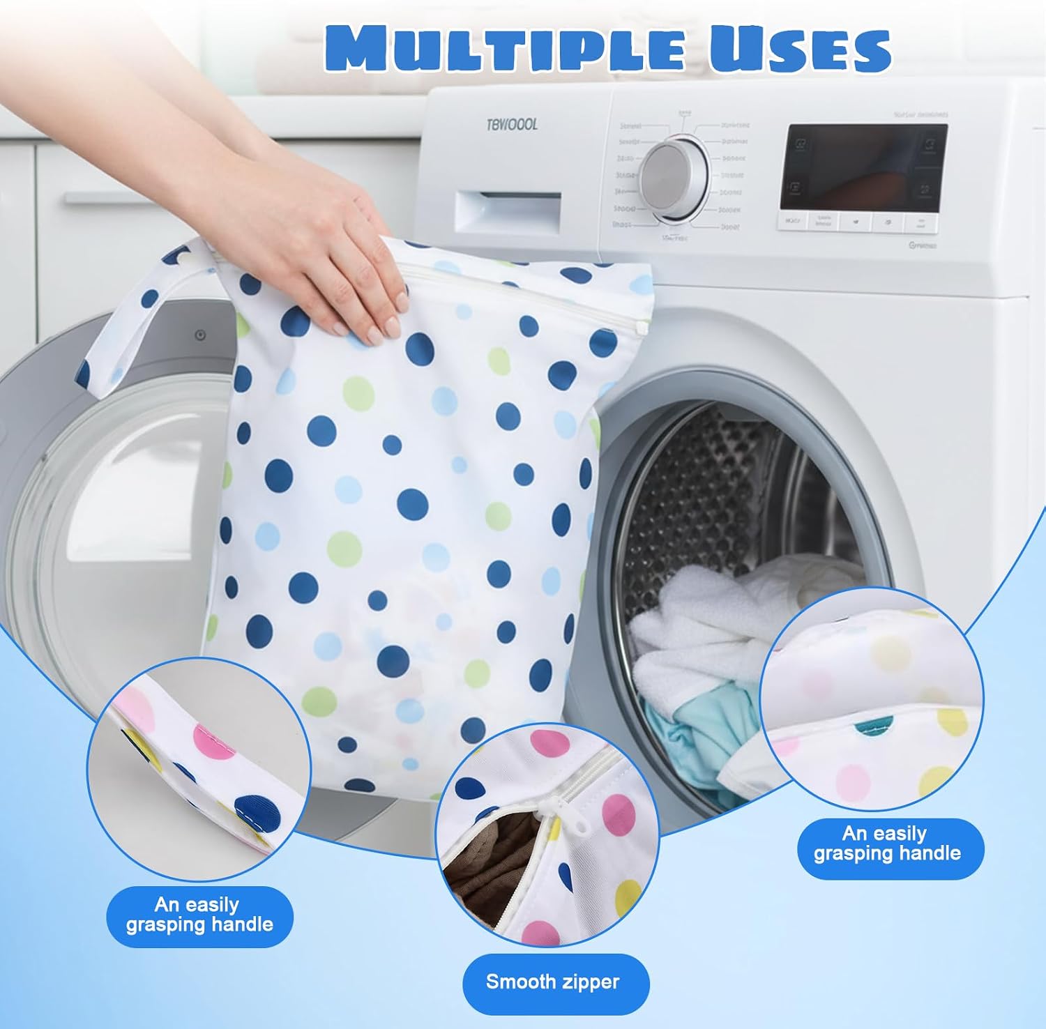 Thumbnail 5 de Culinavog 2-piece waterproof wet bag (30 x 40 cm) with handle and zip for nappy storage, travel & gym – Pink and Blue