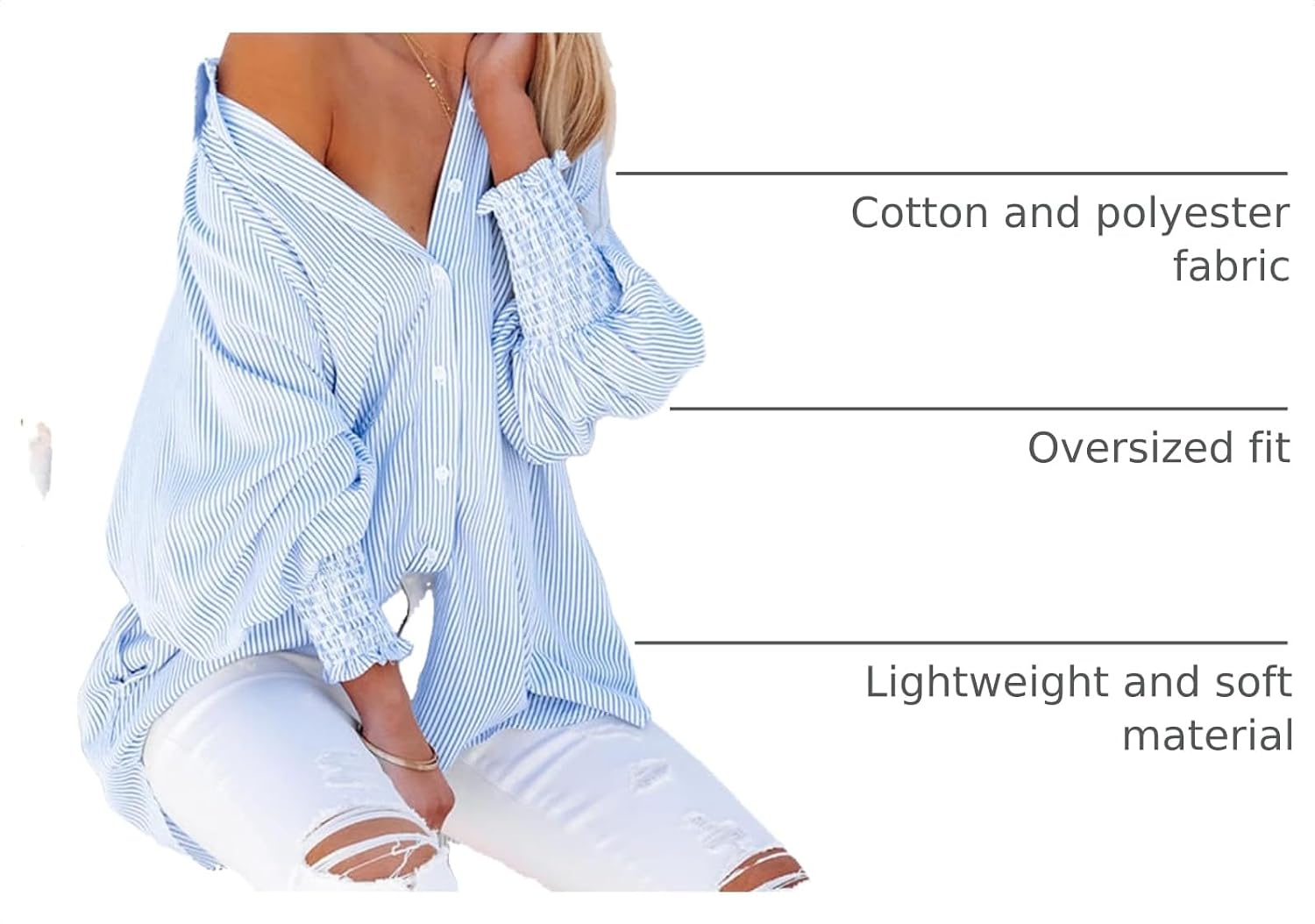 Detalle 2 de Womens Smocked Cuffed Striped Boyfriend Shirt with Pocket (Long Sleeve Button-Down Blouse)