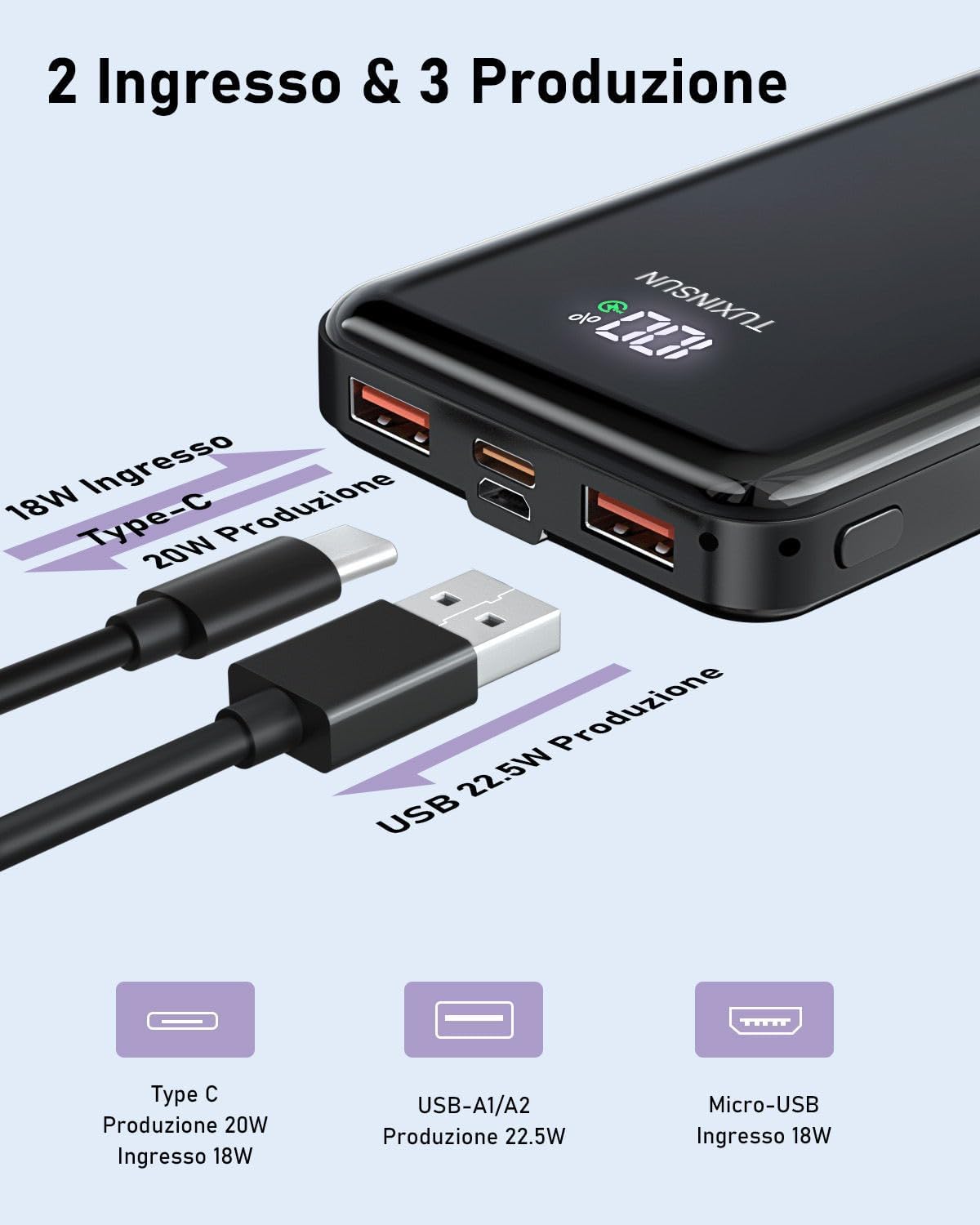 Thumbnail 2 de Power Bank 20000mAh PD3.0 QC4.0 22,5W di TUXINSUN – Caricatore Portatile con Display LCD