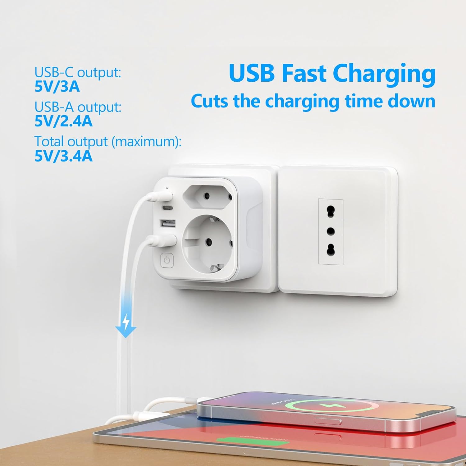 Thumbnail 2 de JSVER Adaptateur de voyage Italie Type-L avec 4 ports USB (6 en 1) bidirectionnel Italie–France