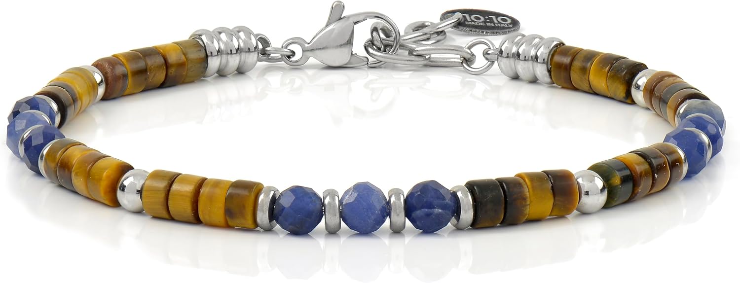 Thumbnail 1 de 10:10 Bracciale Uomo Pietre Dure Naturali Rondelle 4 mm in Acciaio Inox – Made in Italy
