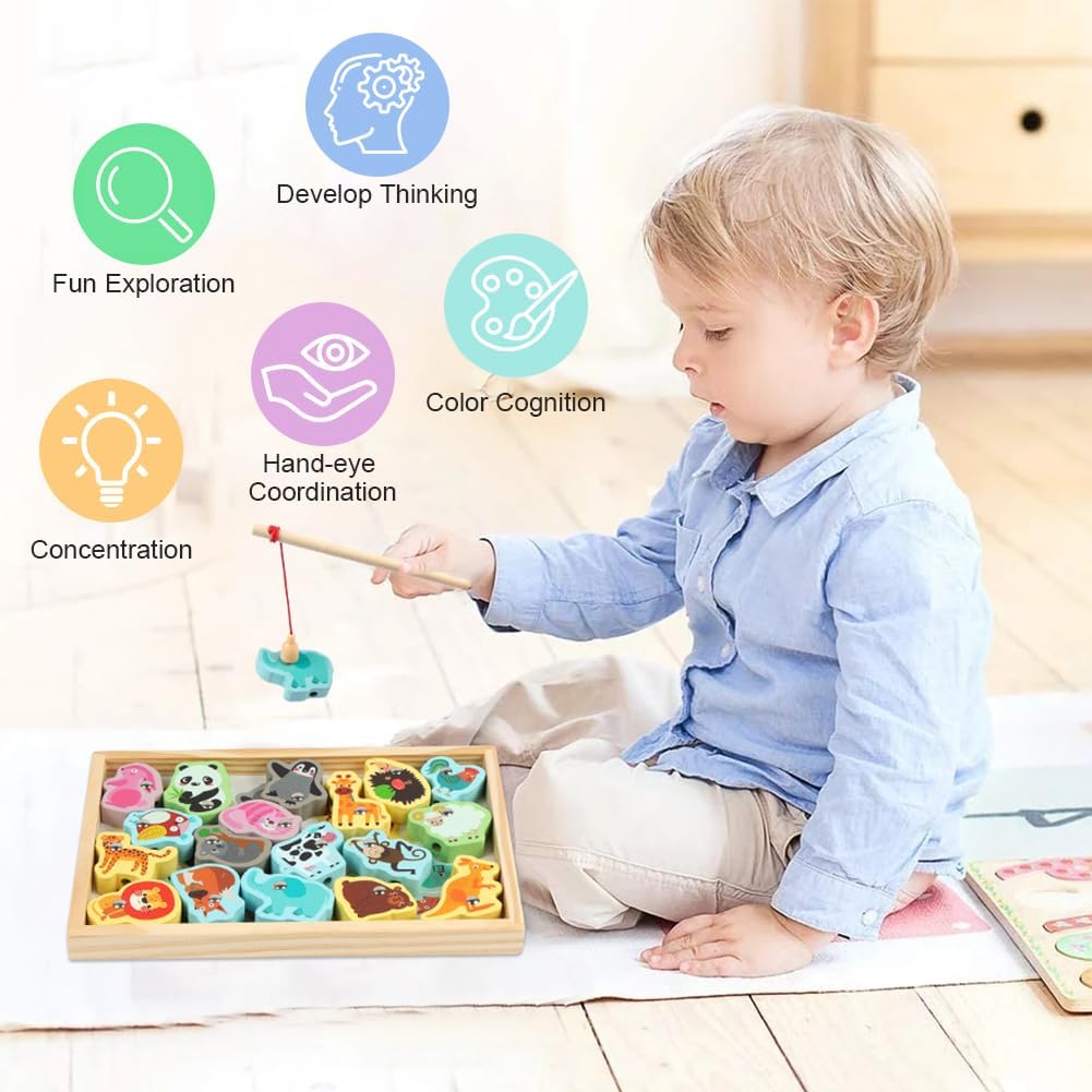 Thumbnail 4 de Vicloon Wooden Fishing Game (19 pcs) – magnetic fishing and bead stringing Montessori-style toy for kids 3+