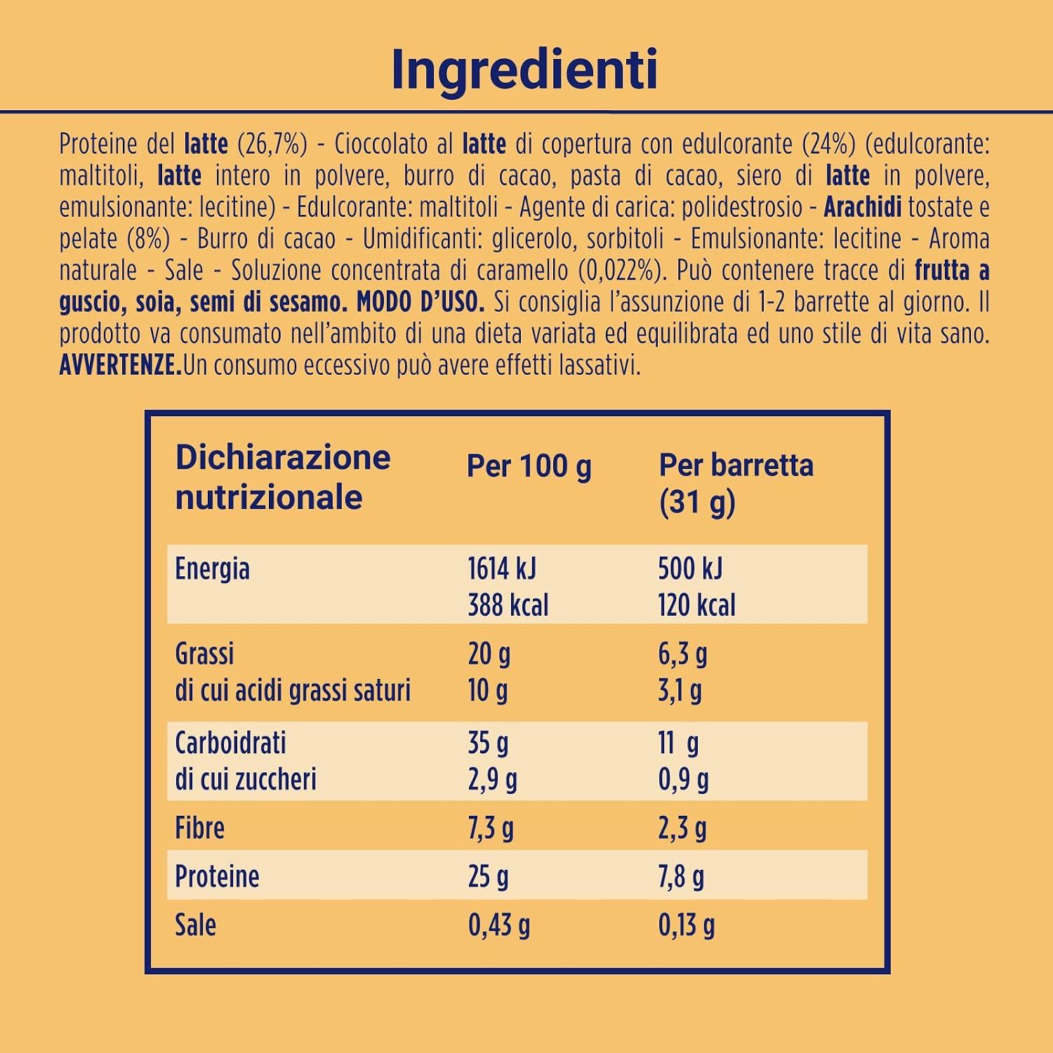 Detalle de Enervit Protein Snack con Arachidi e Caramello – Barrette proteiche 8x31 g, senza glutine