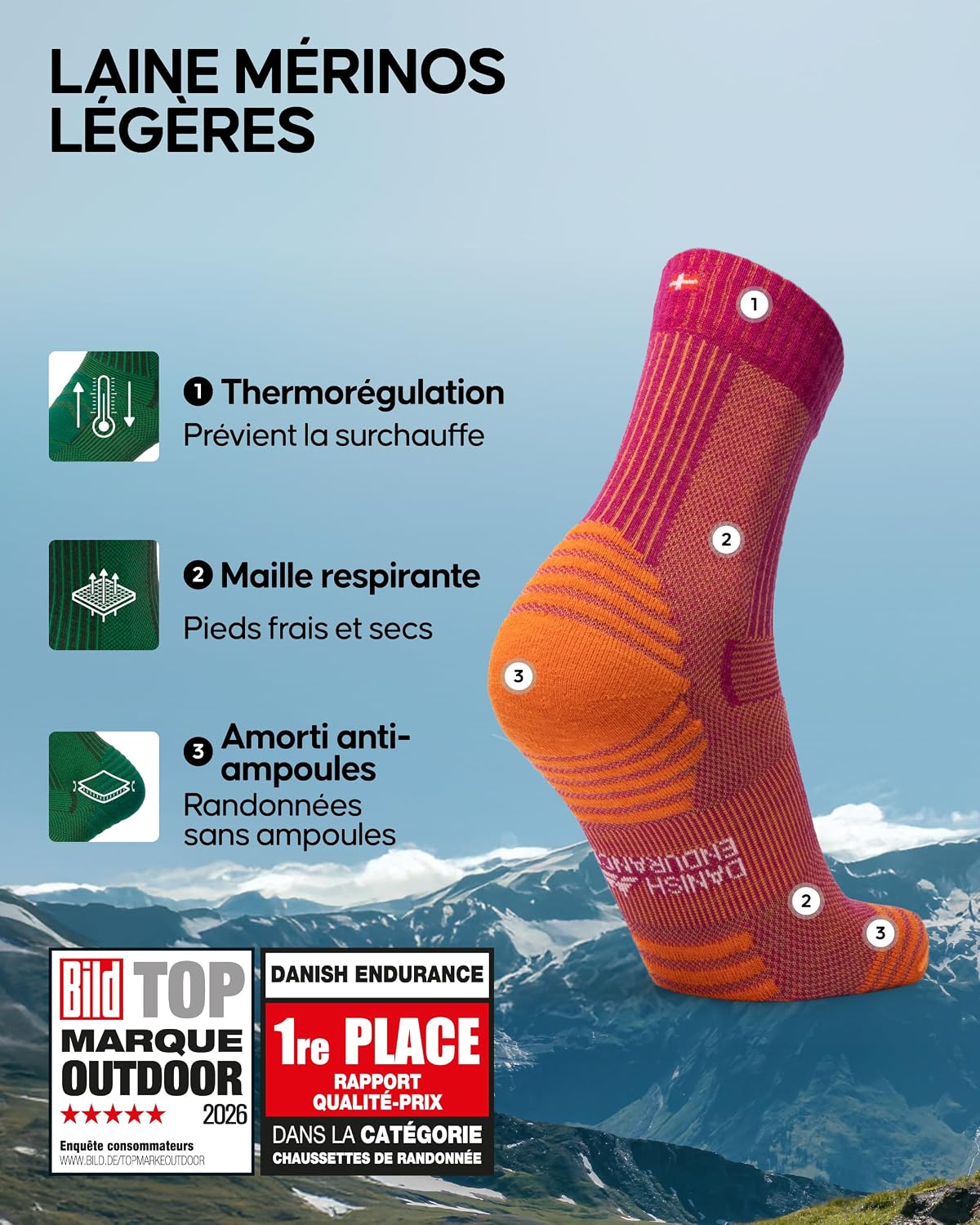 Thumbnail 1 de DANISH ENDURANCE Chaussettes Randonnée Mérinos Chaudes