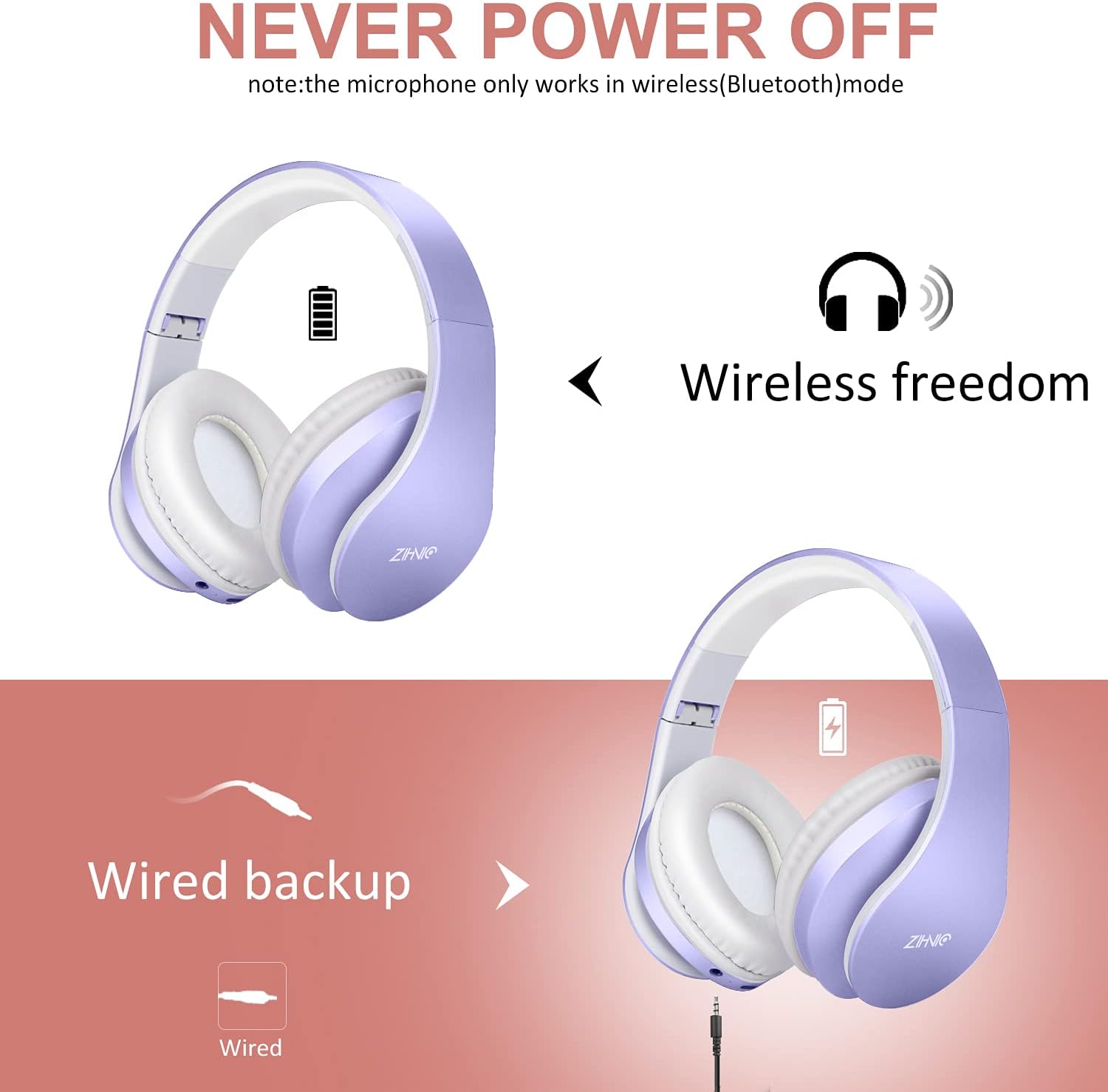 Thumbnail 3 de ZIHNIC Bluetooth Over-Ear Headphones (Purple) – Foldable Wireless + Wired, FM Radio, Micro SD/TF