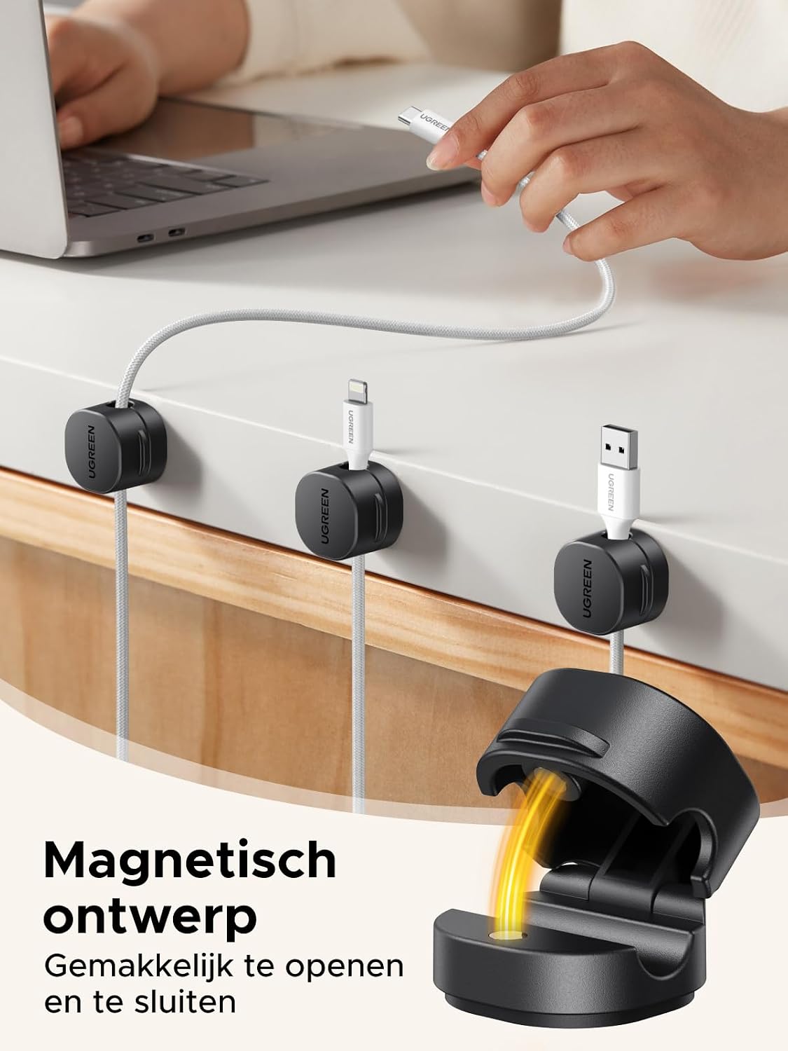 Detalle de UGREEN 6-delige magnetische kabelhouders, zelfklevend en geschikt voor kabels tot 7,5 mm