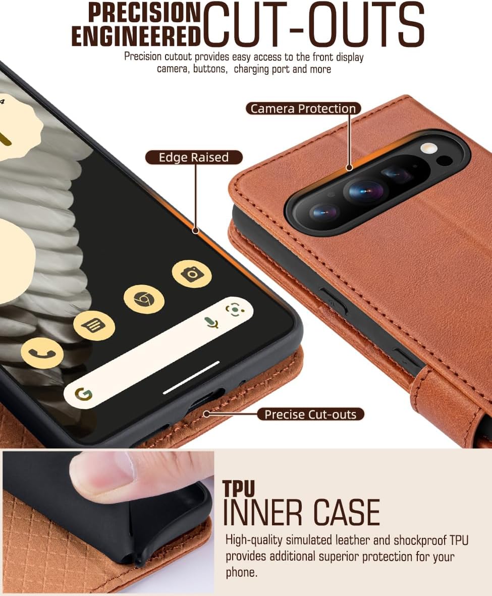 Thumbnail 4 de OCASE Leder‑Flipcase mit Standfunktion und RFID‑Schutz für Google Pixel 9/9 Pro – Braun
