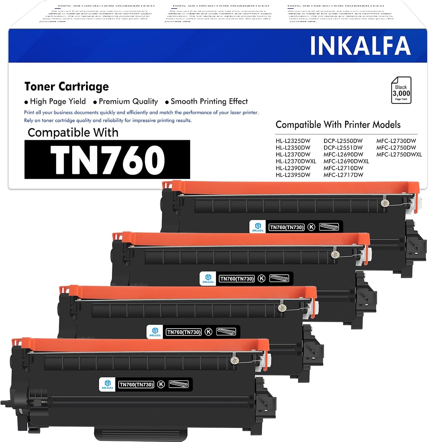 Detalle de inkalfa TN760 Toner Cartridge 4-Pack, Black TN760/TN730 Compatible