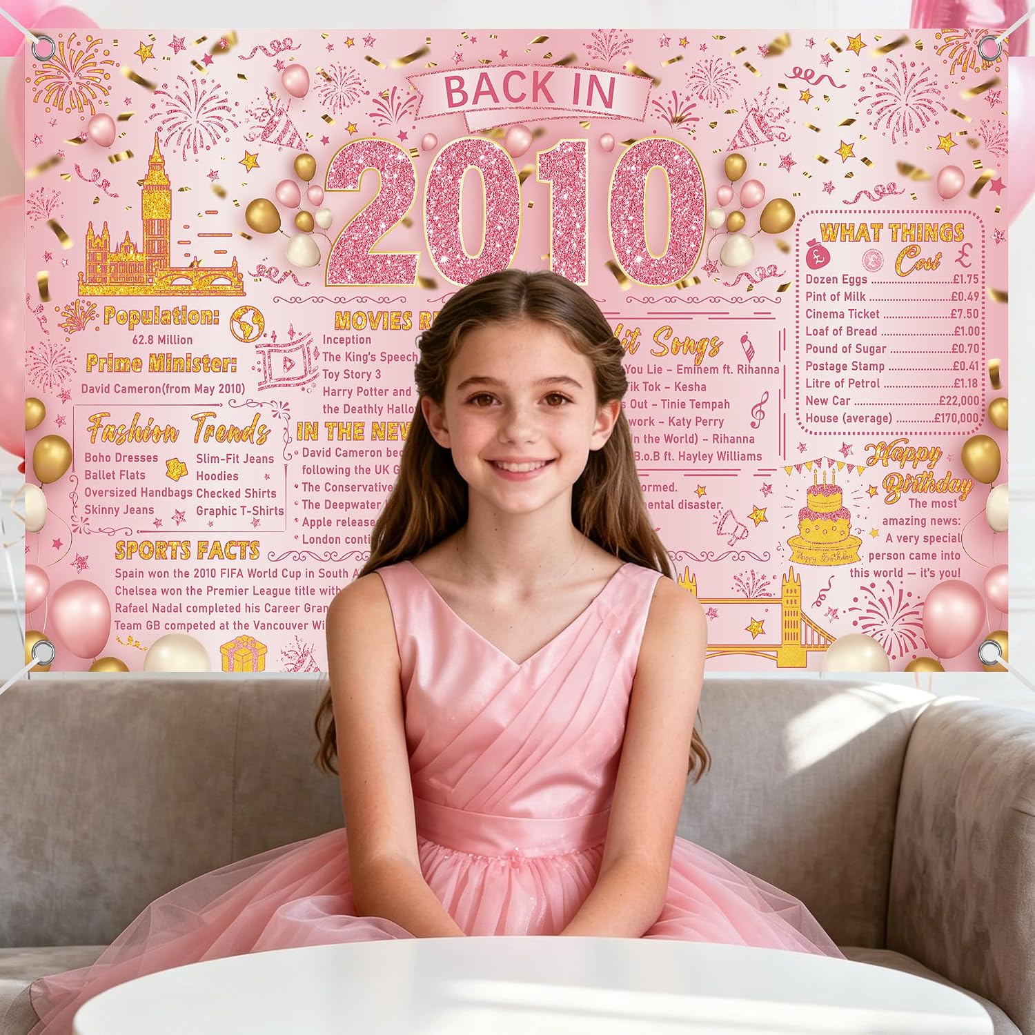 Detalle de Sweet 16 Birthday Decorations for Girls: Pink Gold 2010 Backdrop Banner (110 x 180 cm)