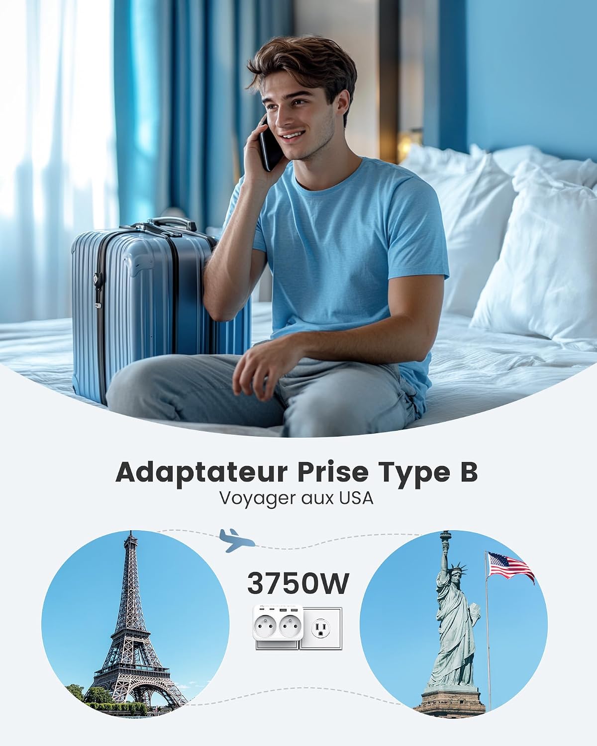 Detalle 2 de LENCENT reisadapter type B met Franse stopcontacten en 2 USB-A- en 2 USB-C-poorten
