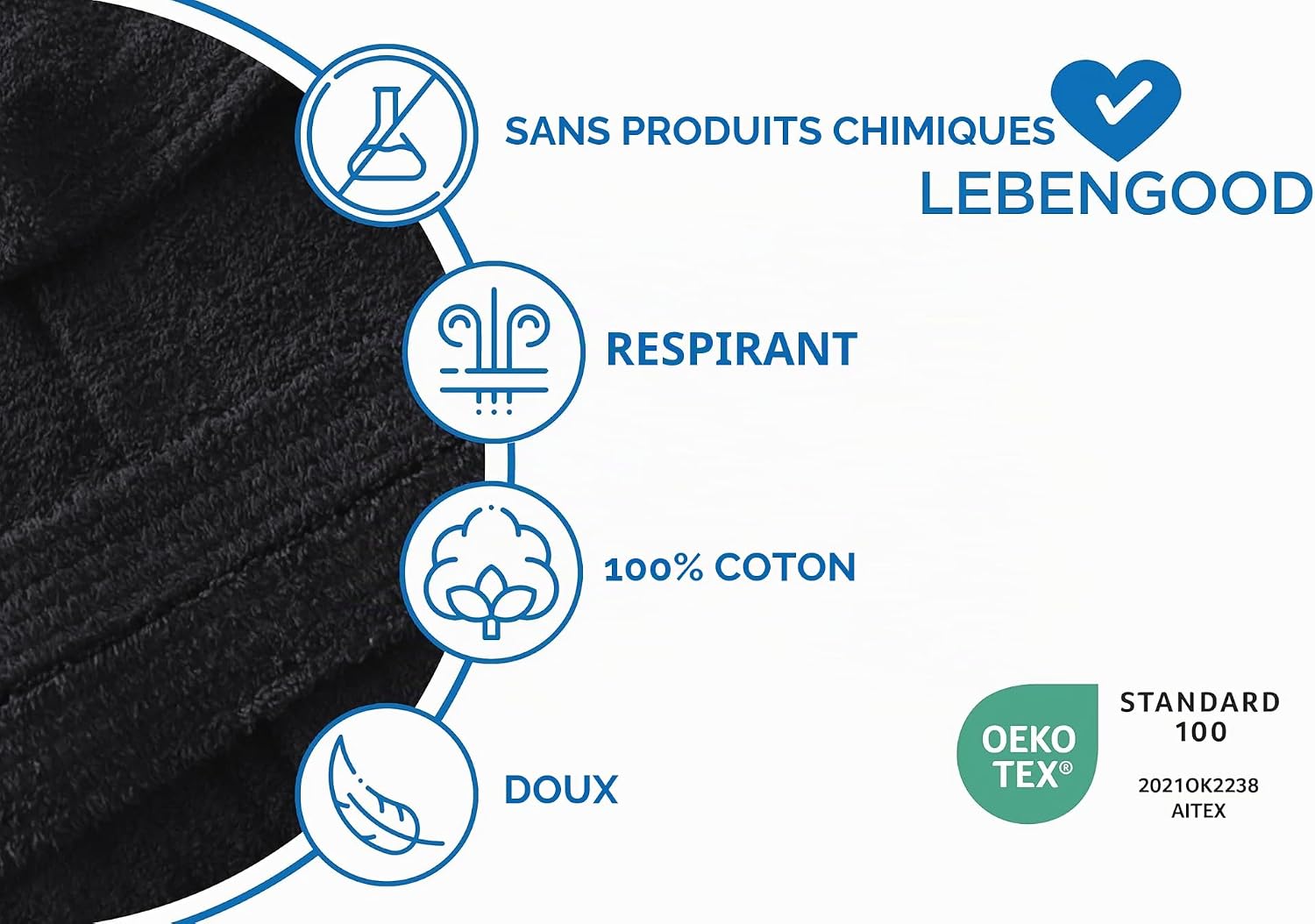 Thumbnail 2 de LEBENGOOD badjas met capuchon, 100% katoen, badstof van 400 g/m²