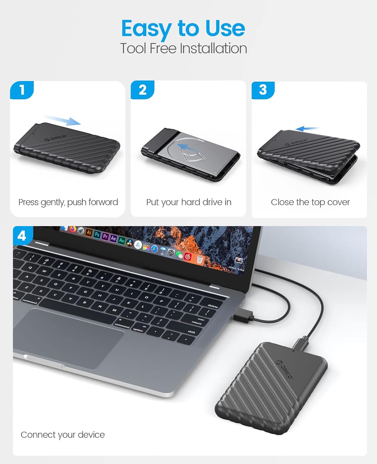 Detalle de ORICO lot de 4 boîtiers pour disque dur 2,5" USB 3.0 UASP/TRIM (sans outils) noir