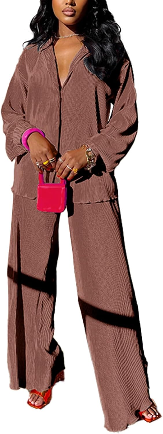 Thumbnail 6 de Kaimimei Casual 2-Piece Outfit for Women: Linen Long Sleeve Button-Down Shirt + Flare Pleated Wide-Leg Pants