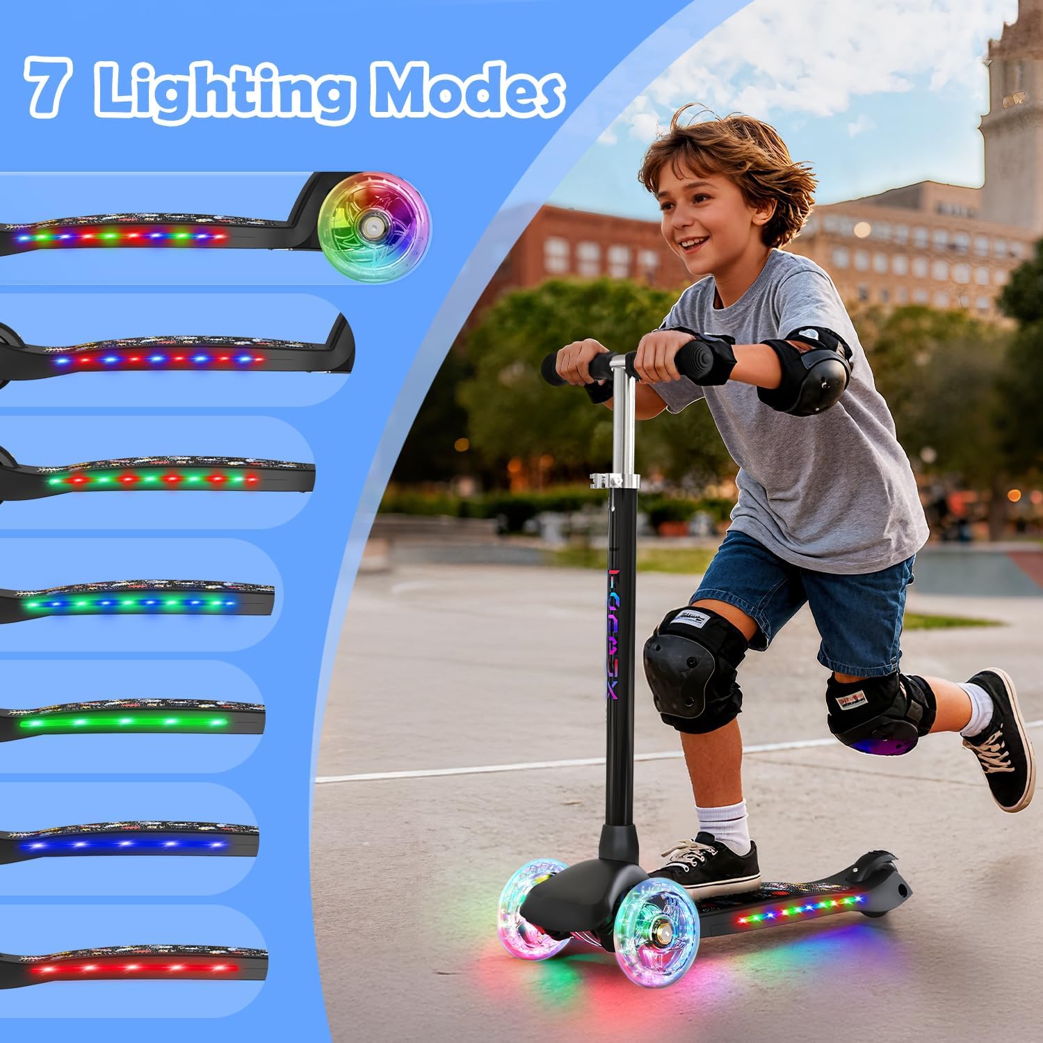 Detalle 2 de TONBUX Monopattino Bambini 3-8 Anni con Ruote e Vassoio Luminoso – Lean-to-Steer e Altezza Regolabile