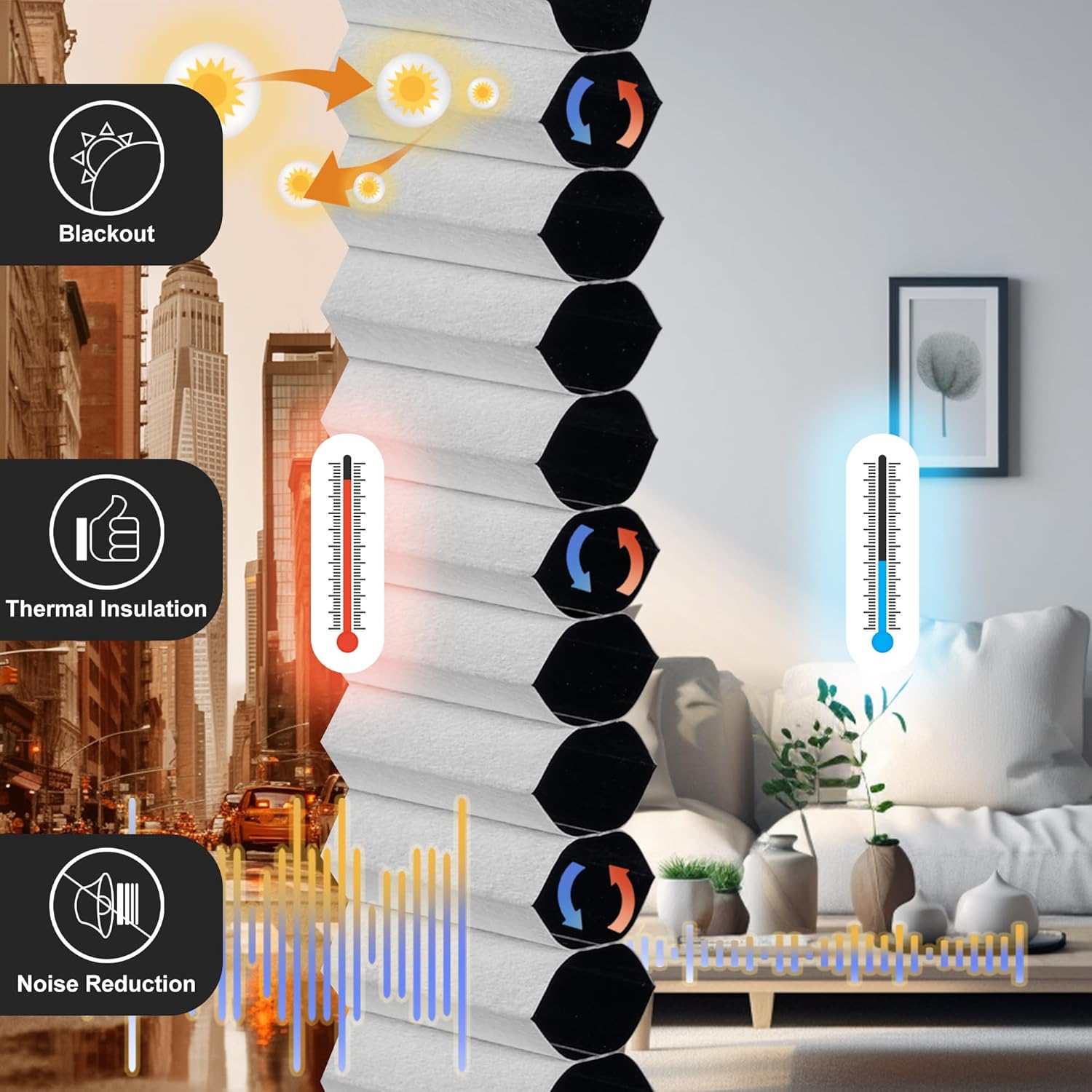 Thumbnail 6 de Boolegon No Drill No Tools Cellular Shades Top Down Bottom Up Honeycomb Blinds – White, Blackout, 33.5" W x 78" H