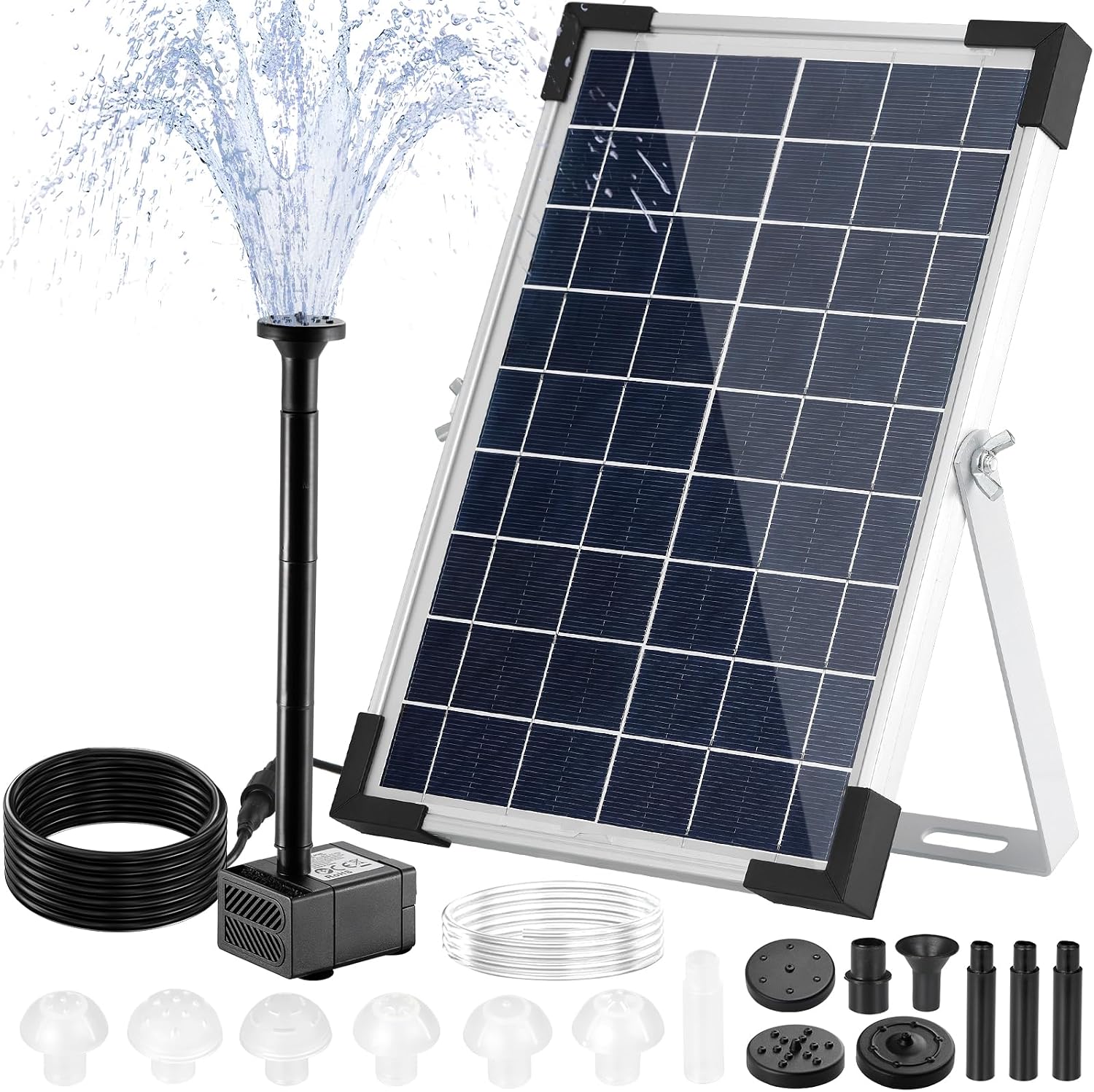 Detalle de Clevich Solar Teichpumpe 5W – Solar Springbrunnen für außen mit 1 m Schlauch, 9 Düsen und 3,25 m Kabel