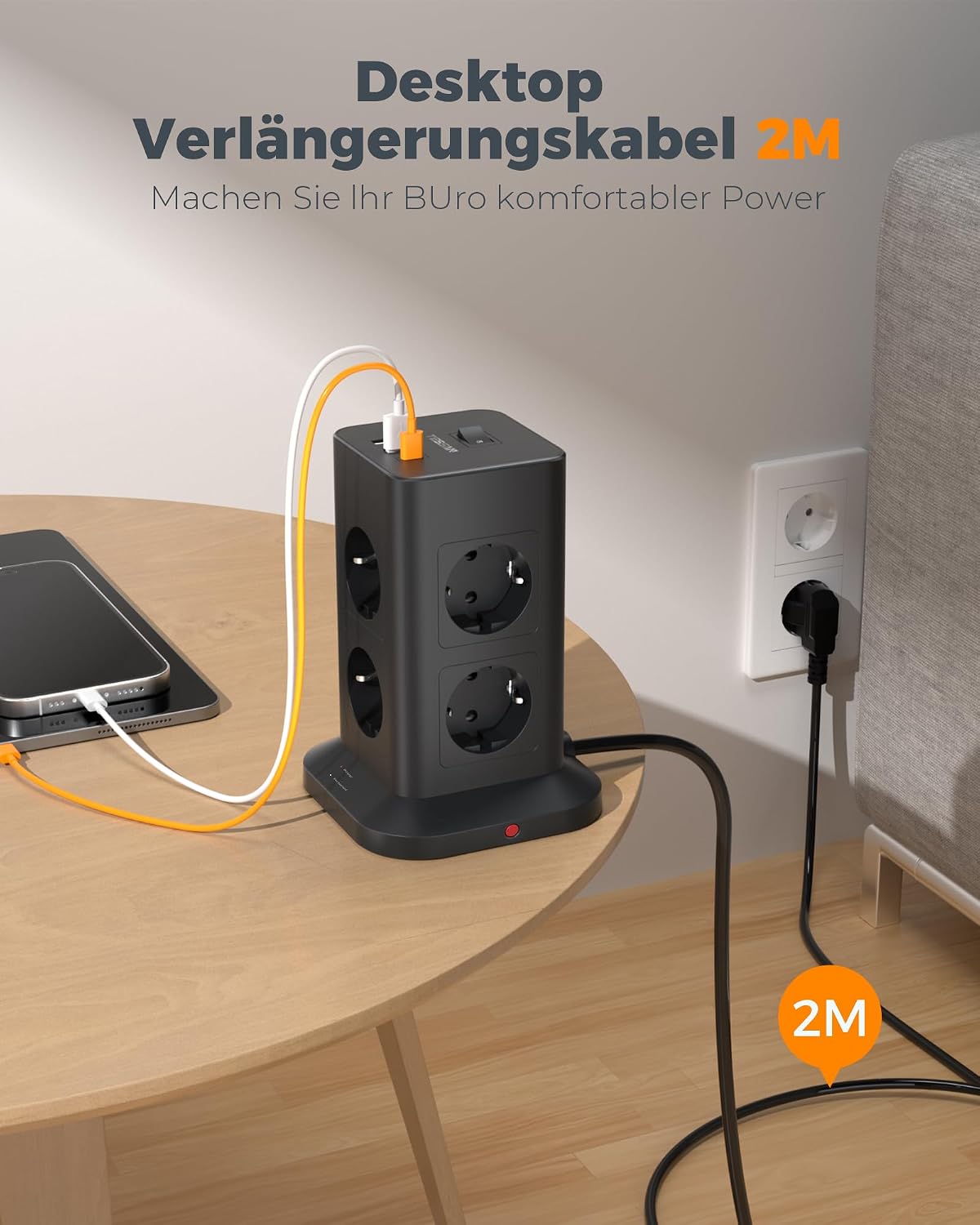 Detalle de TESSAN grenuttagstorn med 8 uttag, USB-A, USB-C och 2 m kabel
