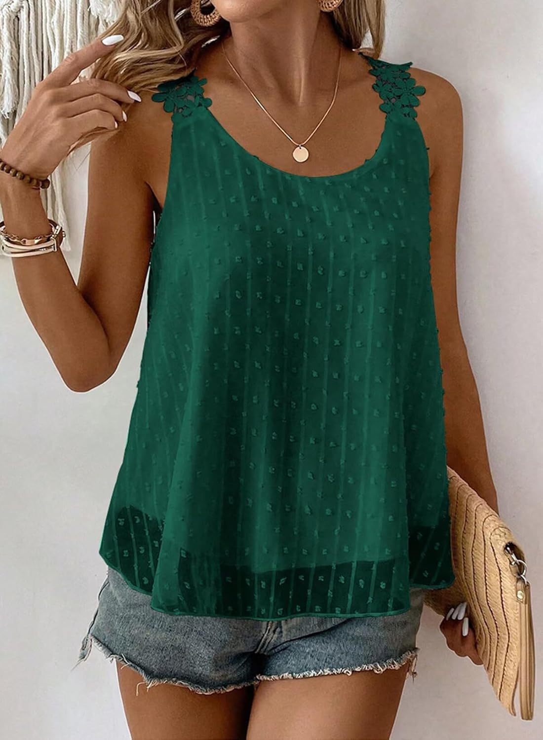 Thumbnail 3 de Womens Flowy Swiss Dot Lace Strap Boho Tank Top (100% Polyester)