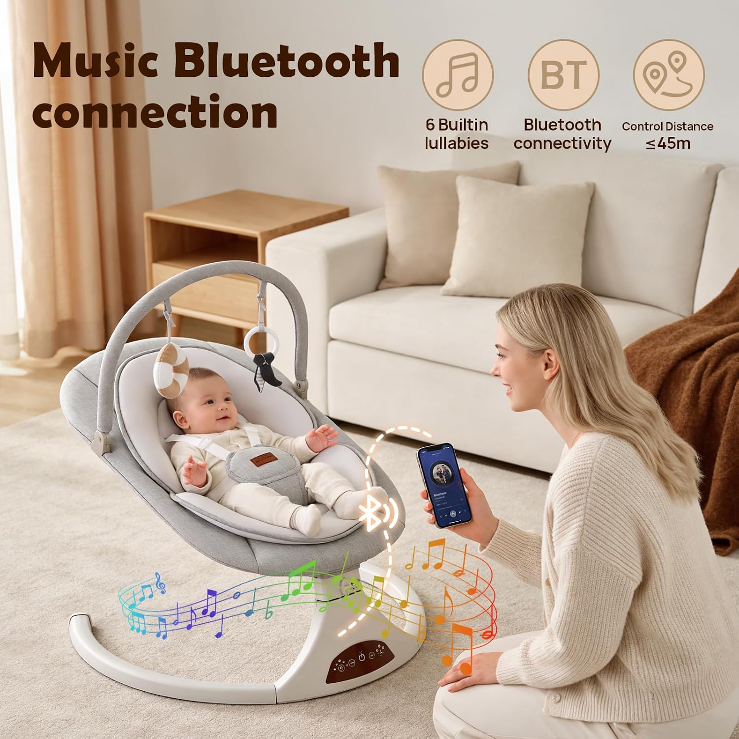 Thumbnail 4 de Viriwebaby Gray Baby Swing with 5 Speeds, Timer, Bluetooth and USB Music