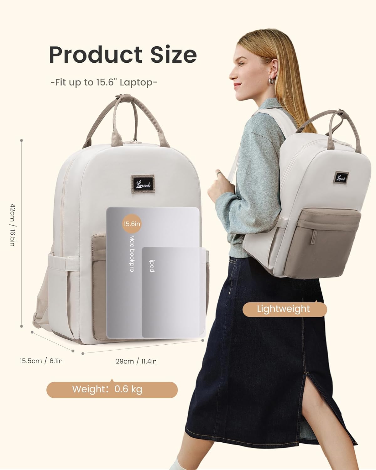 Detalle 2 de LOVEVOOK Damen-Rucksack mit Laptopfach bis 15,6 Zoll – eleganter City-/Schulrucksack in Beige-Khaki