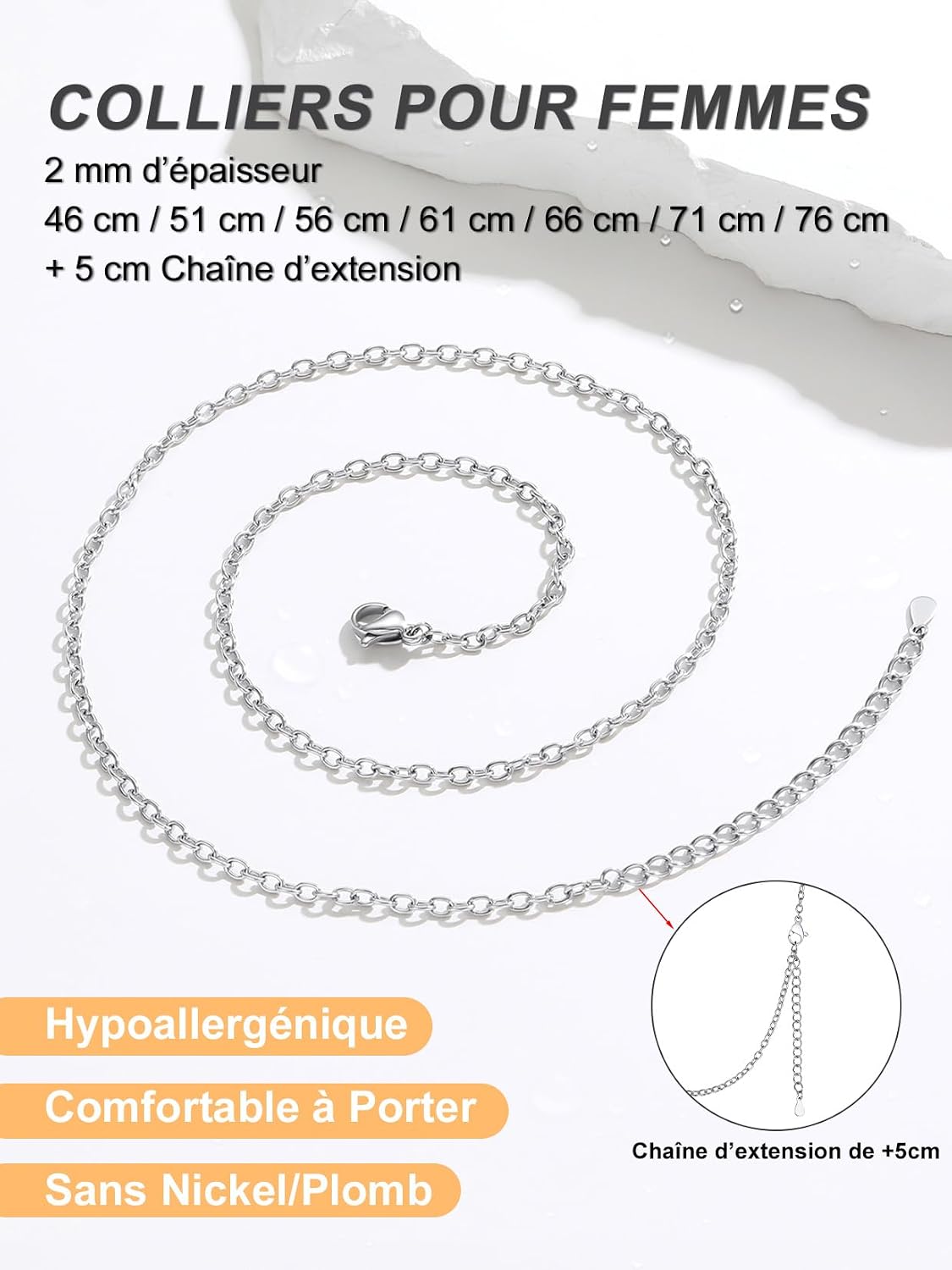 Detalle de ChainsPro Collier Femme Acier Inoxydable 2 mm – Design élégant et simple, 46–76 cm