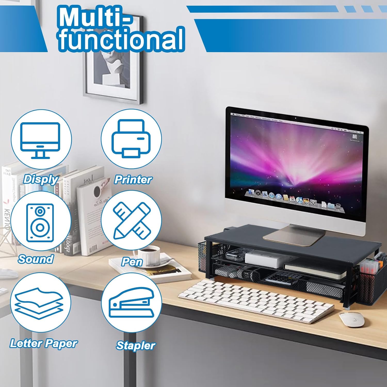 Thumbnail 6 de TempFoo Monitor Stand Riser 2-Tier Desk Shelf with Drawer and Pen Holders (Black)