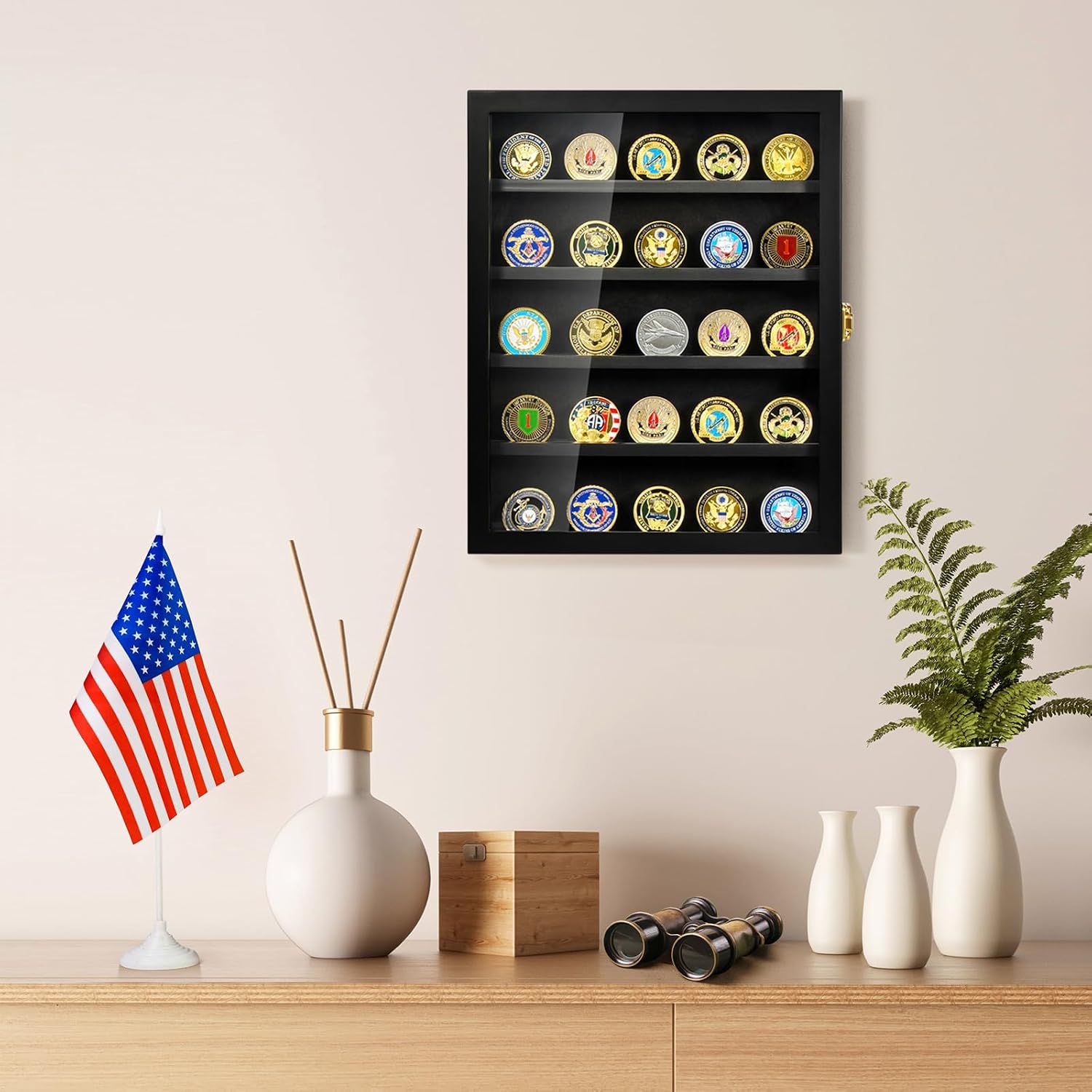 Detalle de Military Challenge Coin Display Case with Removable Shelves – Wall Mount Shadow Box