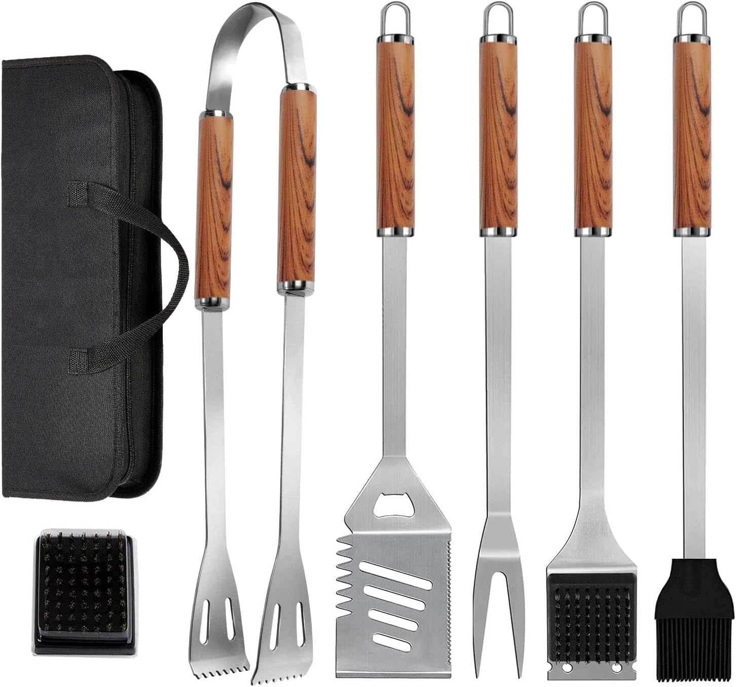 Detalle de KALAHOL 7-in-1 extra thick stainless steel BBQ tools set with storage bag