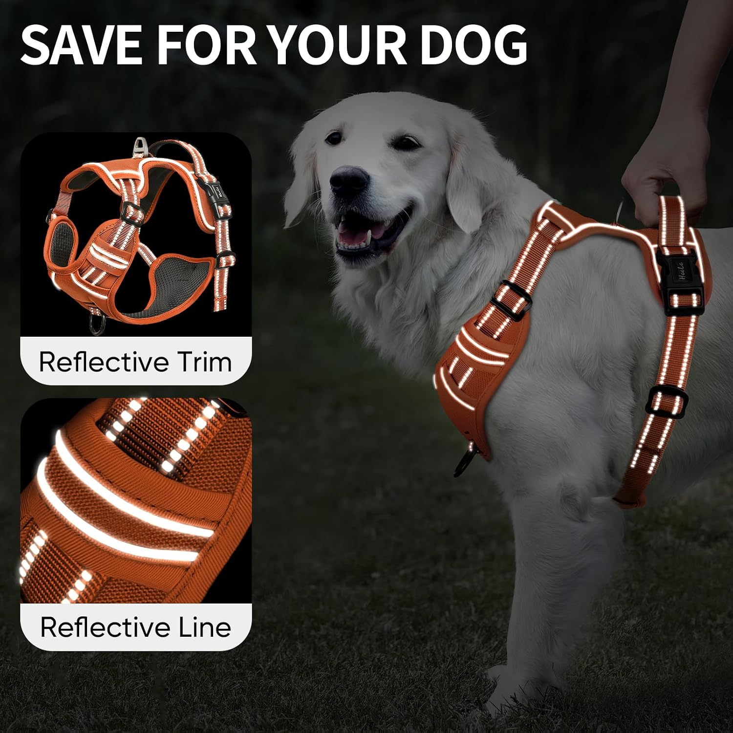 Thumbnail 2 de HEELE Dog Harness for Medium Dogs No Pull Vest Harness with Soft Padded Handle, Reflective, Pumpkin Orange, Size M