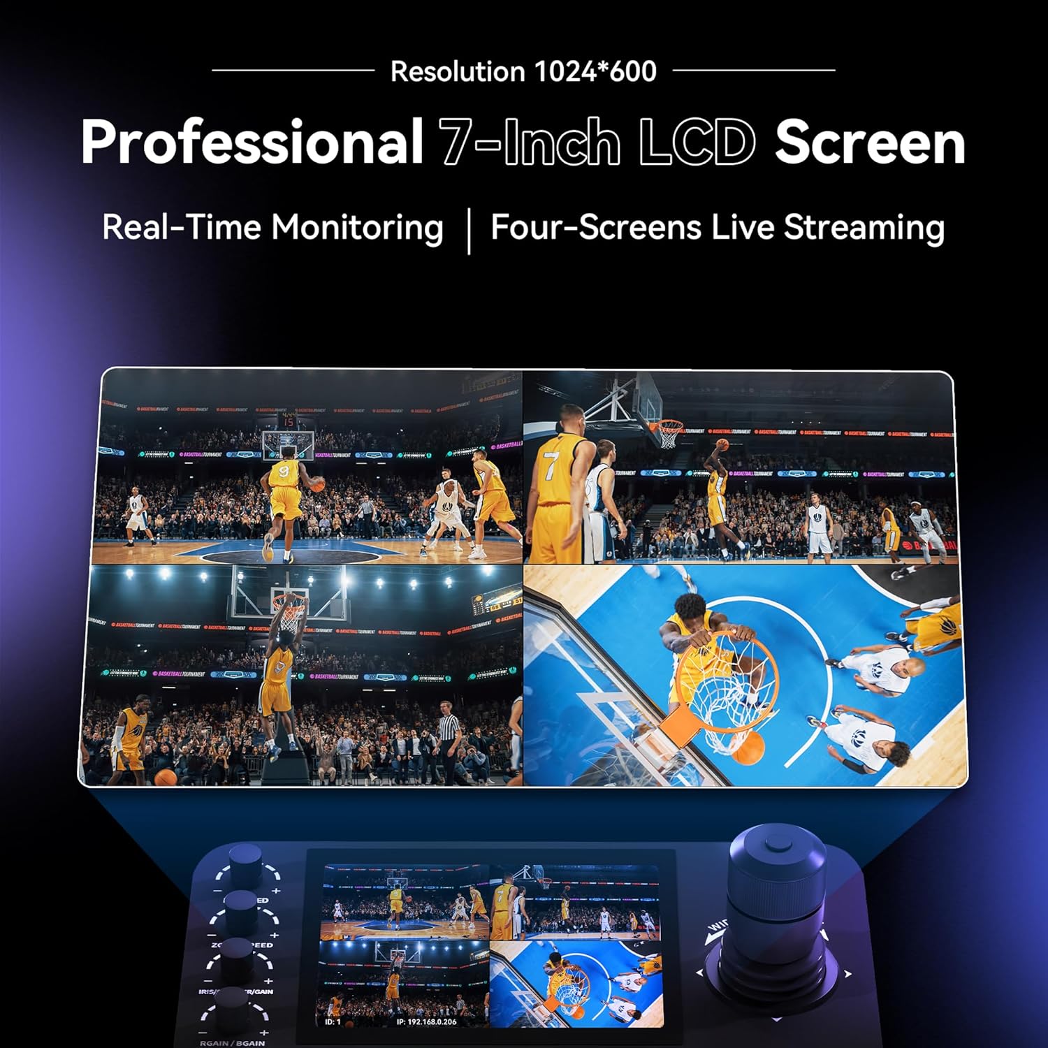 Thumbnail 2 de Tenveo NDI PTZ Camera Joystick Controller (KB300PRO) with 7” Quad-Screen Preview