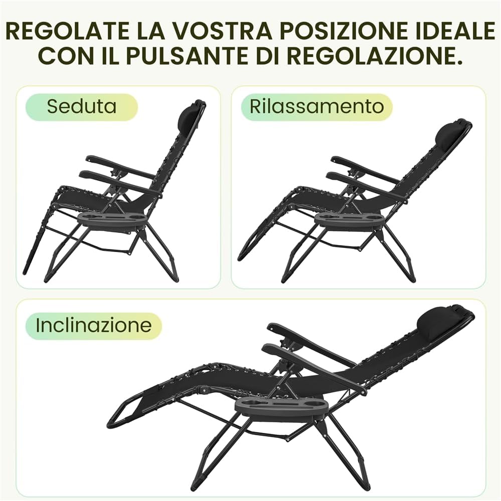Thumbnail 6 de Yaheetech Set di 2 sedie a sdraio pieghevoli a gravità zero con vassoio rimovibile, nero