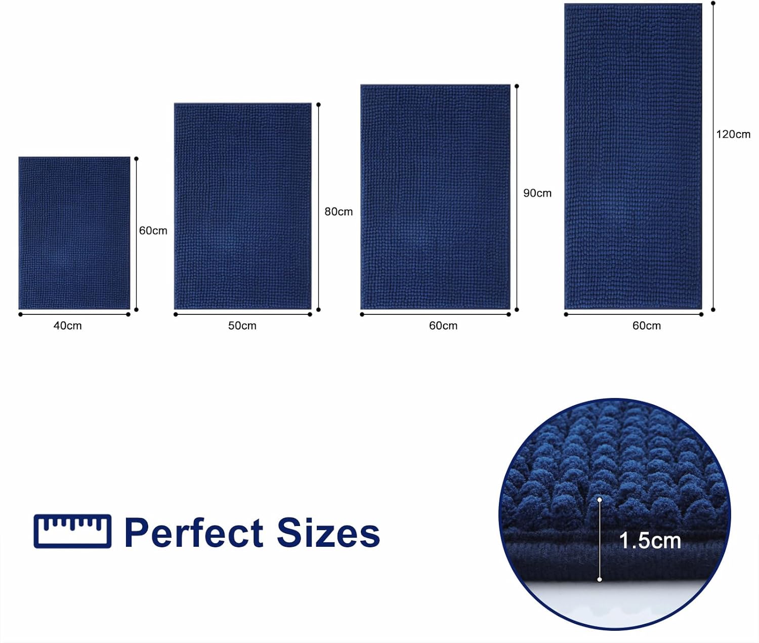 Detalle de Smiry Non Slip Chenille Bath Mat, 60 x 90 cm (Navy Blue) – extra soft & machine-washable