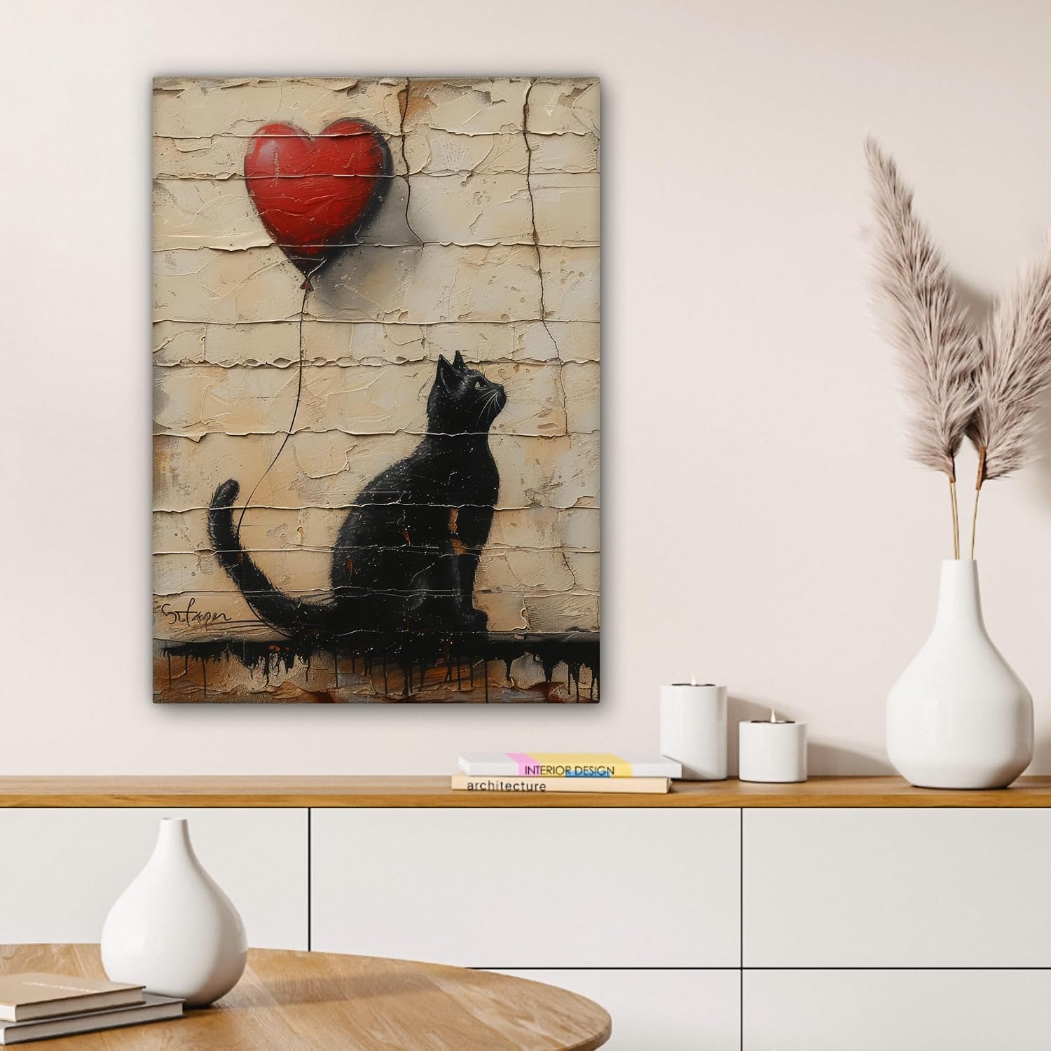 Thumbnail 4 de MuchoWow Impression sur Toile Photo Peinture 60x80 cm – Chat, Ballon et Graffiti (Banksy) – Décoration Murale