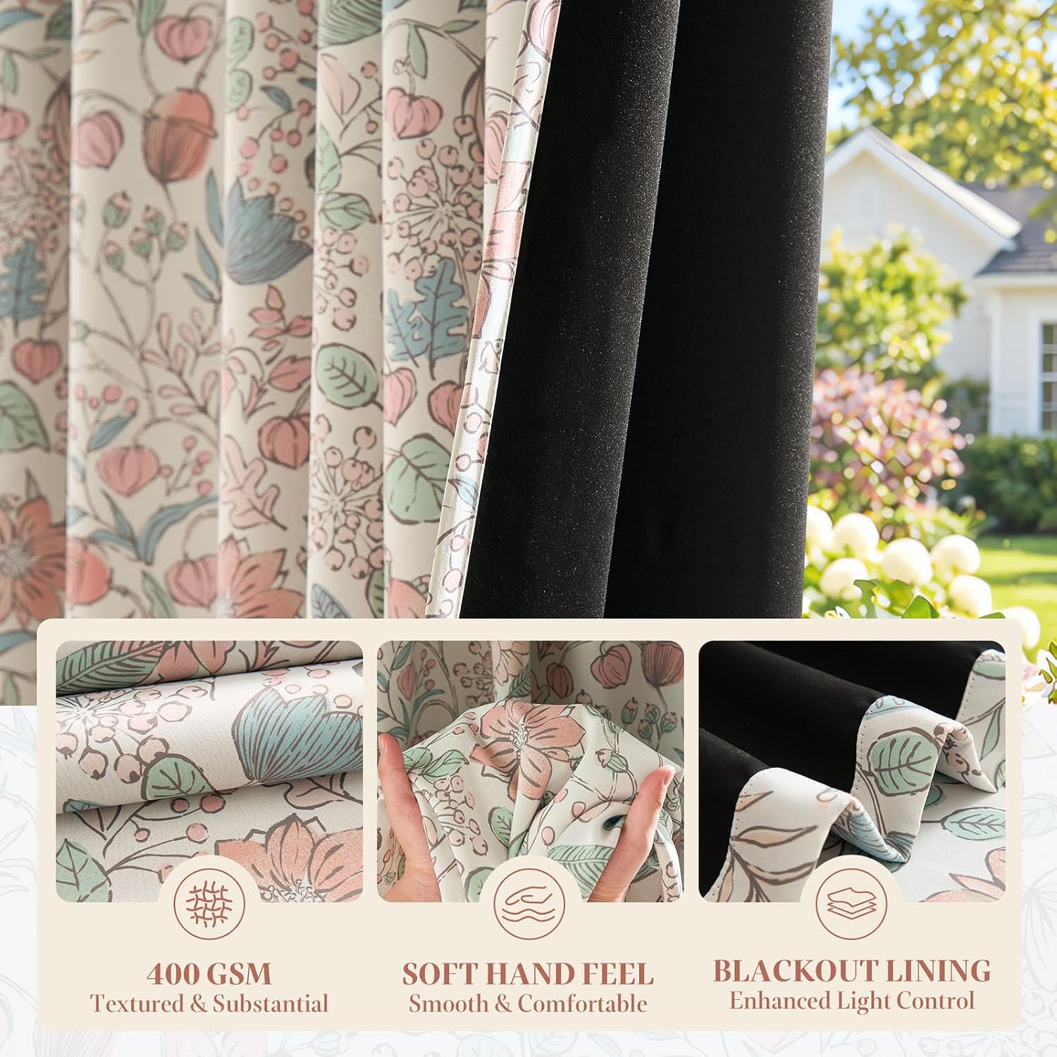 Detalle 2 de jinchan 95% blackout pink floral nursery curtains, 84" grommet panels
