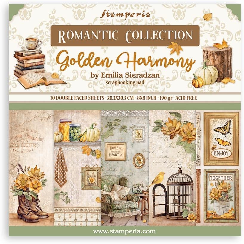Detalle de Stamperia Golden Harmony scrapbookpapper, 20,3 × 20,3 cm, syrafritt, dubbelsidigt, 80 ark