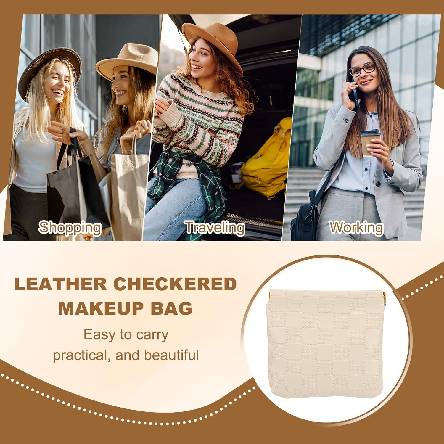 Thumbnail 4 de PATIKIL Small Snap Closure Pouches for Purse: Purple Leather Checkered Makeup Bags, 2 Sizes