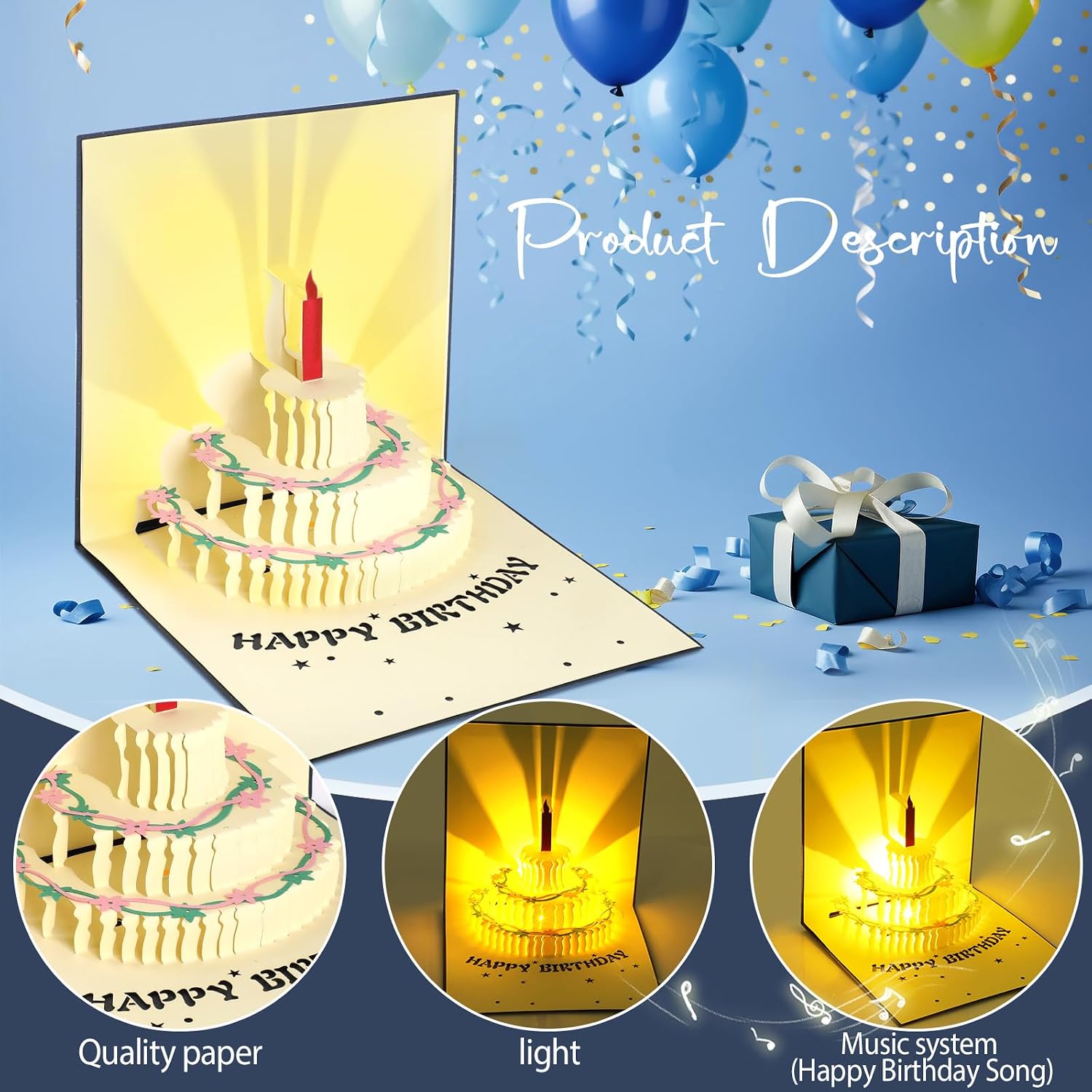 Detalle de GeeRic Carte d'anniversaire 3D musicale avec enveloppe et étiquette — Carte cadeau lumineuse pop-up