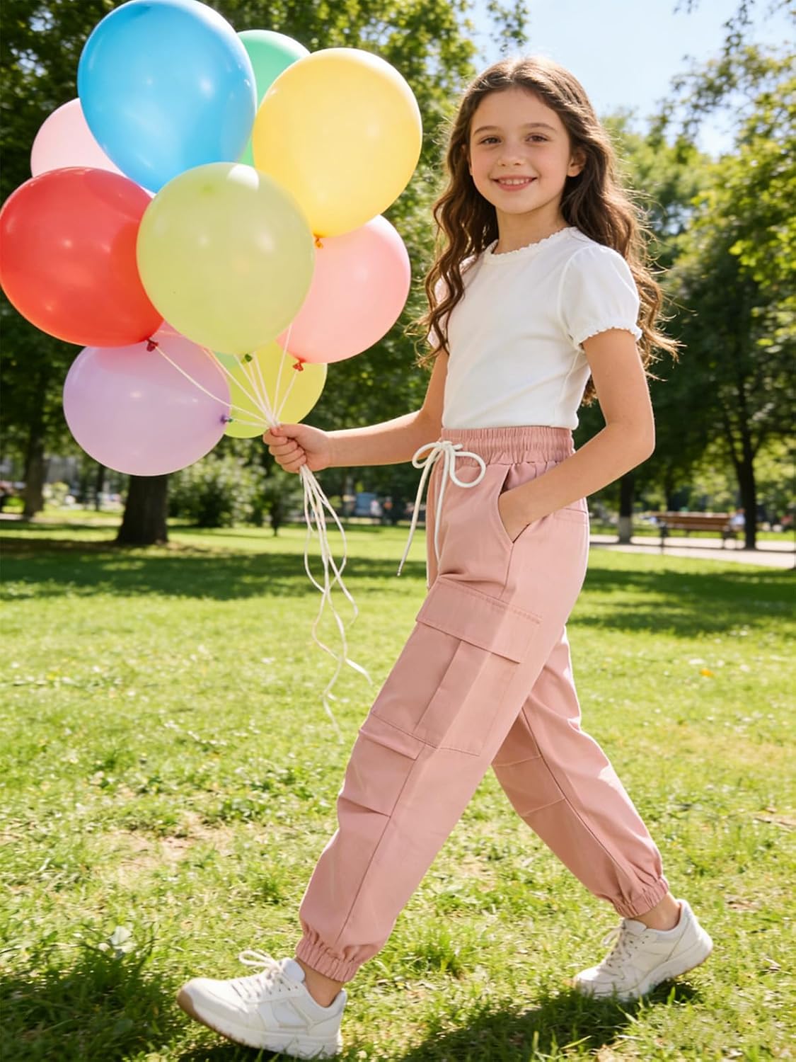 Thumbnail 1 de JiAmy Girls Cargo Trousers: Elastic Waist Baggy Parachute Joggers for 5–14 Years
