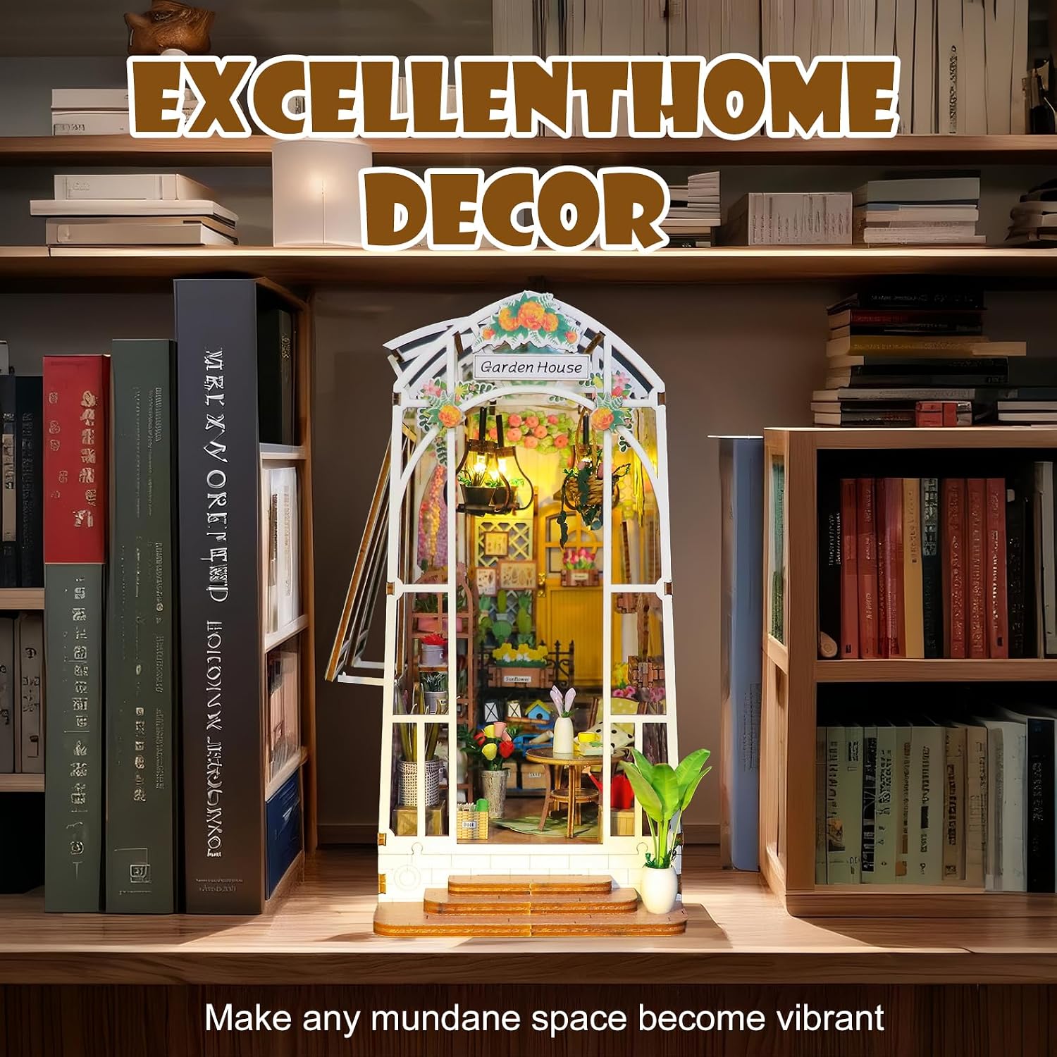 Detalle de FEIMUOSI DIY Book Nook houten miniatuurset met meubels, ledverlichting en muziek