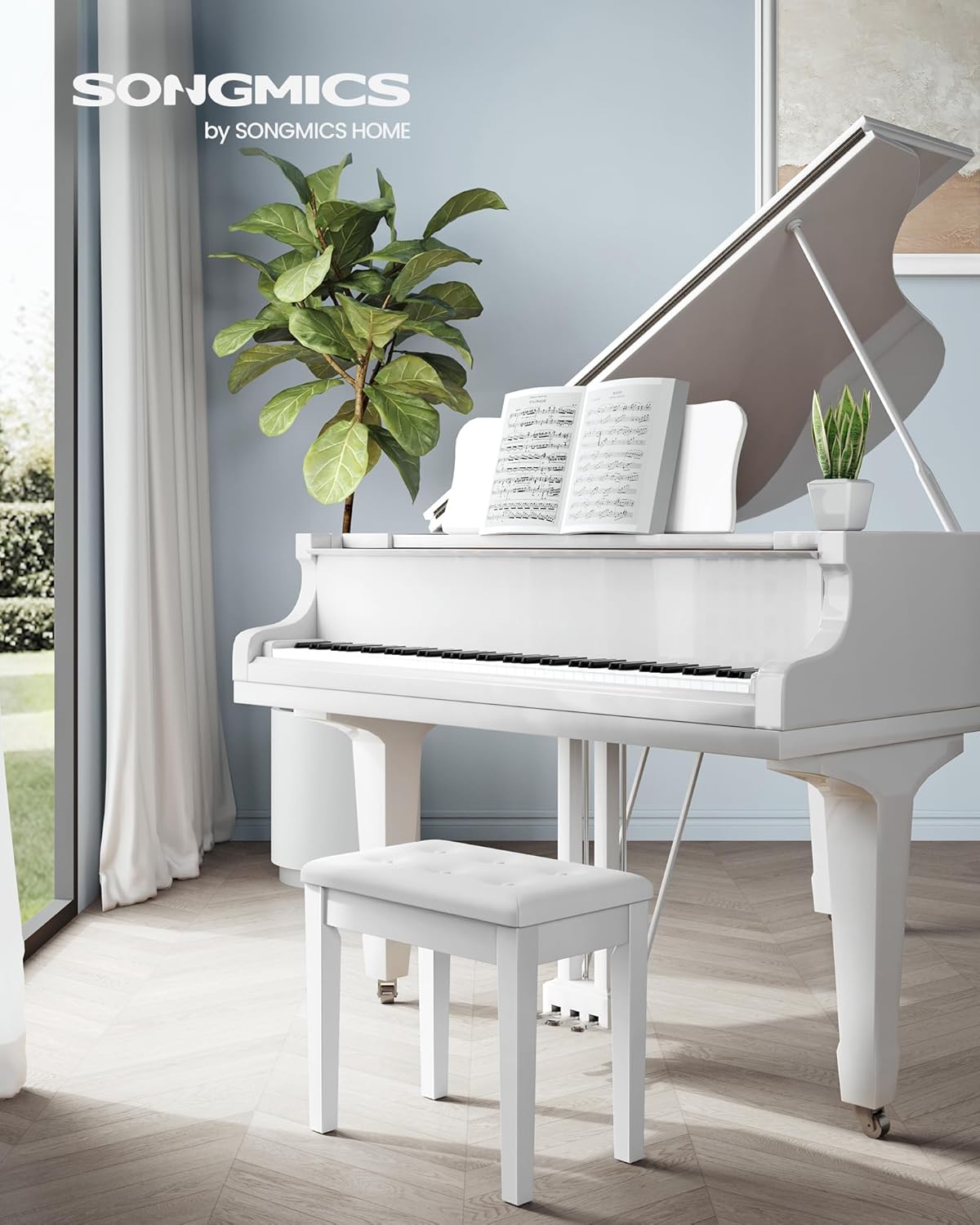 Detalle 2 de SONGMICS ULPB55WT Wooden Piano Bench with Padded Seat and Storage, White
