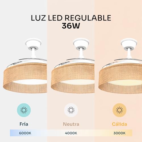 Detalle de Mellerware Brizy Bright: ventilador de techo con luz y lámpara bronce rattan sand, 3 aspas, 106 cm