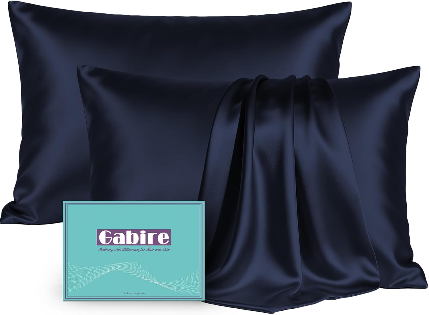 Detalle de Gabire Mulberry Silk Pillowcases Set of 2 (Navy), Hidden Zipper, Standard 20"×26