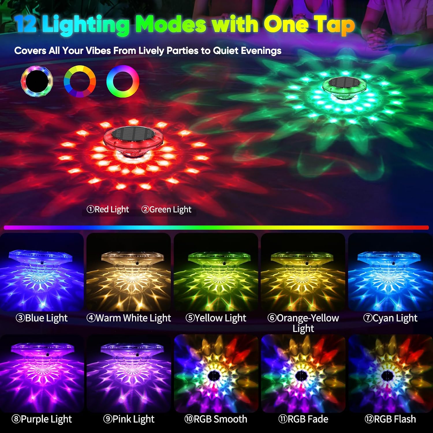 Detalle de Quntis Lampe Flottante Piscine Solaire 15 cm avec Télécommande – Lot de 2, IP68, 12 Modes RGB